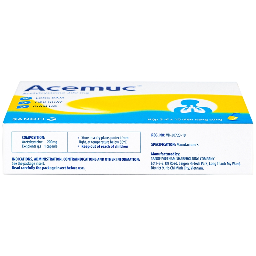 Hình ảnh Thuốc Acemuc 200mg Sanofi long đàm, tiêu nhầy, giảm ho (3 vỉ x 10 viên)