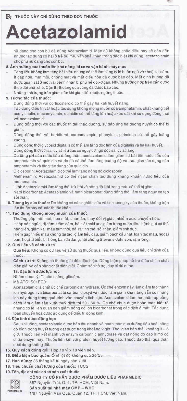 Hình ảnh Thuốc Acetazolamid 250mg Pharmedic điều trị glôcôm và động kinh nhẹ (10 vỉ x 10 viên)