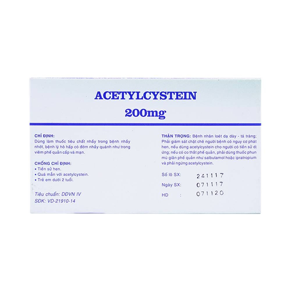 Hình ảnh Thuốc Acetylcystein 200mg Vidipha tiêu nhầy trong bệnh viêm phế quản, bệnh nhầy nhớt (10 vỉ x 10 viên)