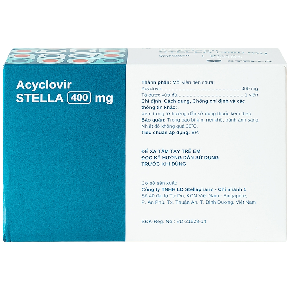 Hình ảnh Thuốc Acyclovir Stella 400mg điều trị nhiễm Herpes simplex, Herpes zoster, thủy đậu (7 vỉ x 5 viên)