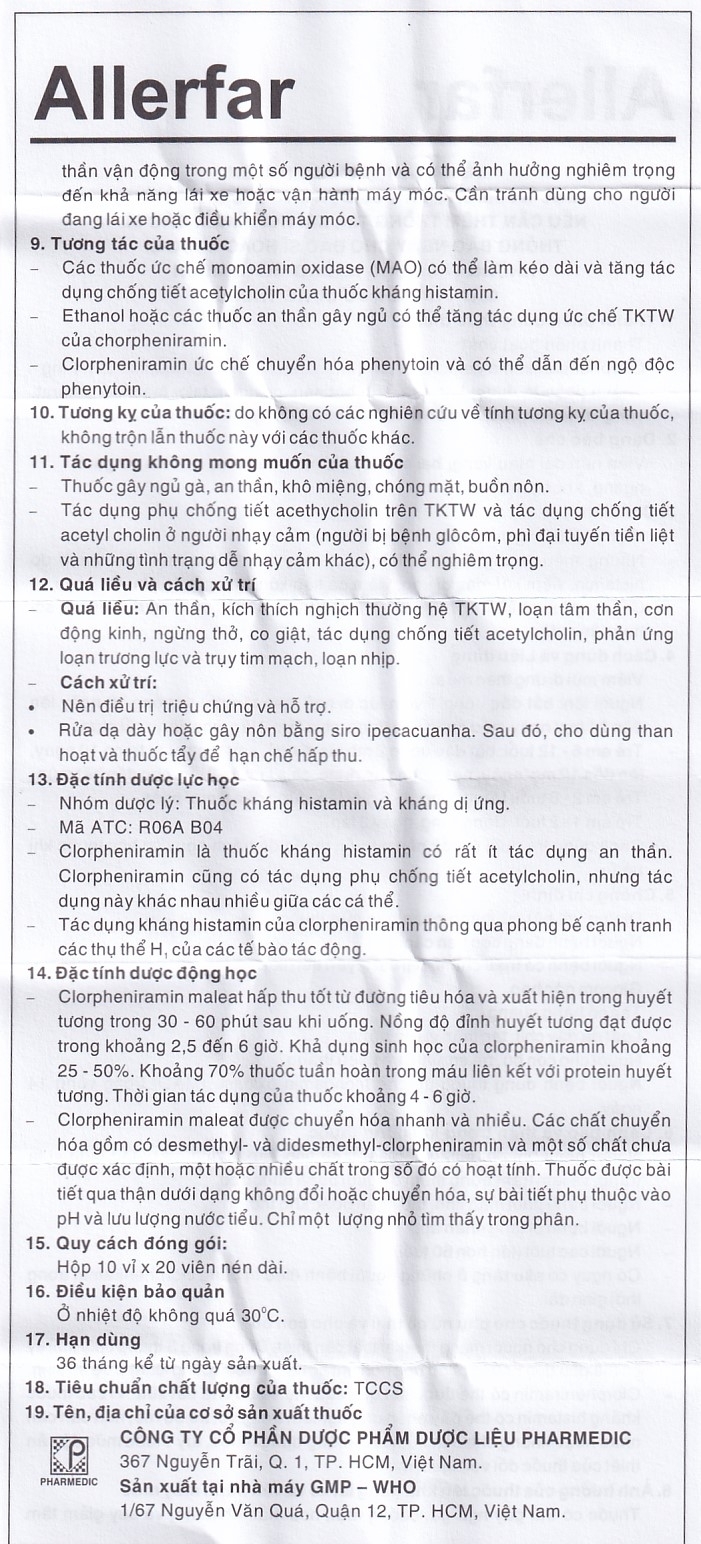 Hình ảnh Thuốc Allerfar Pharmedic điều trị viêm mũi dị ứng, các triệu chứng dị ứng (10 vỉ x 20 viên)