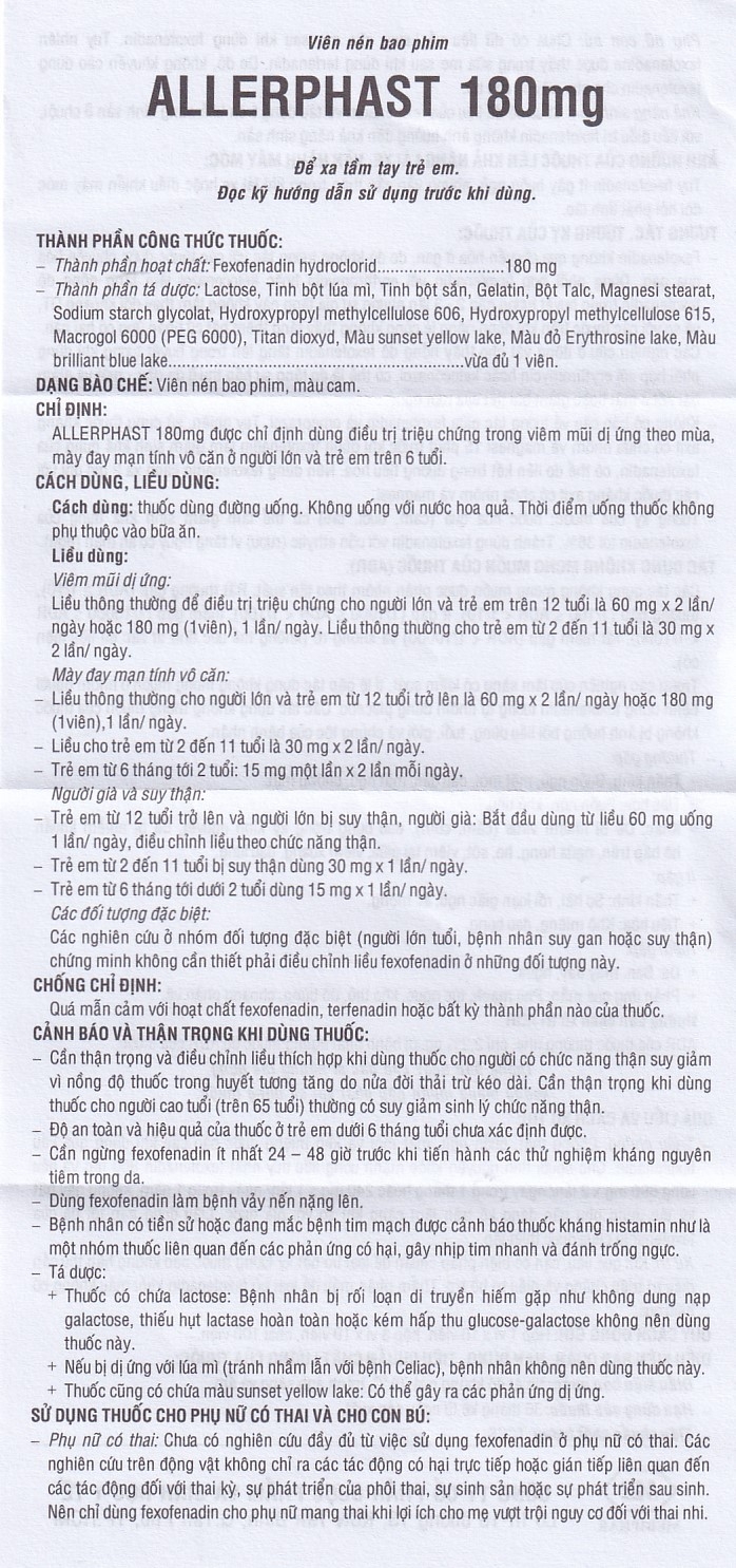 Hình ảnh Thuốc Allerphast 180mg Mebiphar điều trị viêm mũi dị ứng theo mùa, mày đay mạn tính vô căn (1 vỉ x 10 viên)