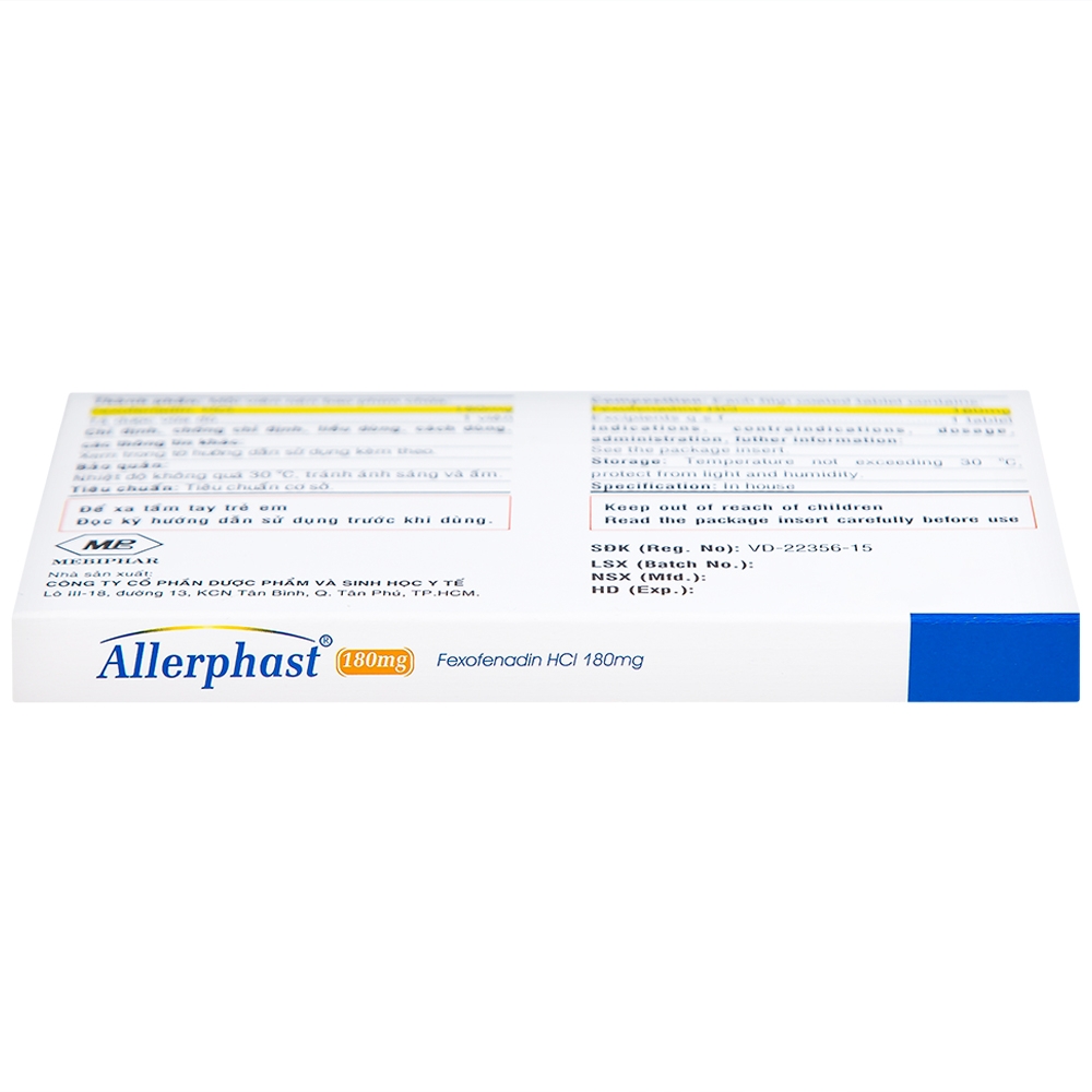 Hình ảnh Thuốc Allerphast 180mg Mebiphar điều trị viêm mũi dị ứng theo mùa, mày đay mạn tính vô căn (1 vỉ x 10 viên)