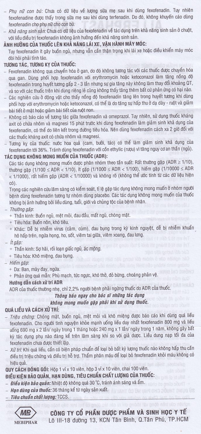 Hình ảnh Thuốc Allerphast 180mg Mebiphar điều trị viêm mũi dị ứng theo mùa, mày đay mạn tính vô căn (1 vỉ x 10 viên)