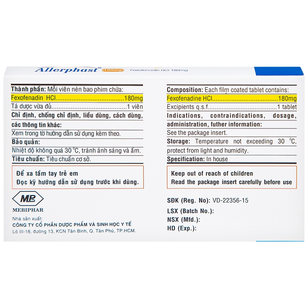 Hình ảnh Thuốc Allerphast 180mg Mebiphar điều trị viêm mũi dị ứng theo mùa, mày đay mạn tính vô căn (1 vỉ x 10 viên)