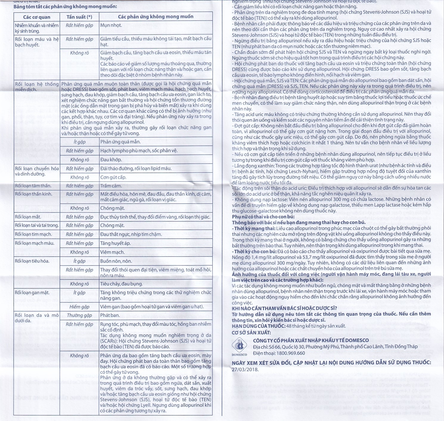 Hình ảnh Thuốc Allopurinol 300mg Domesco điều trị tăng acid uric máu, sỏi thận (100 viên)