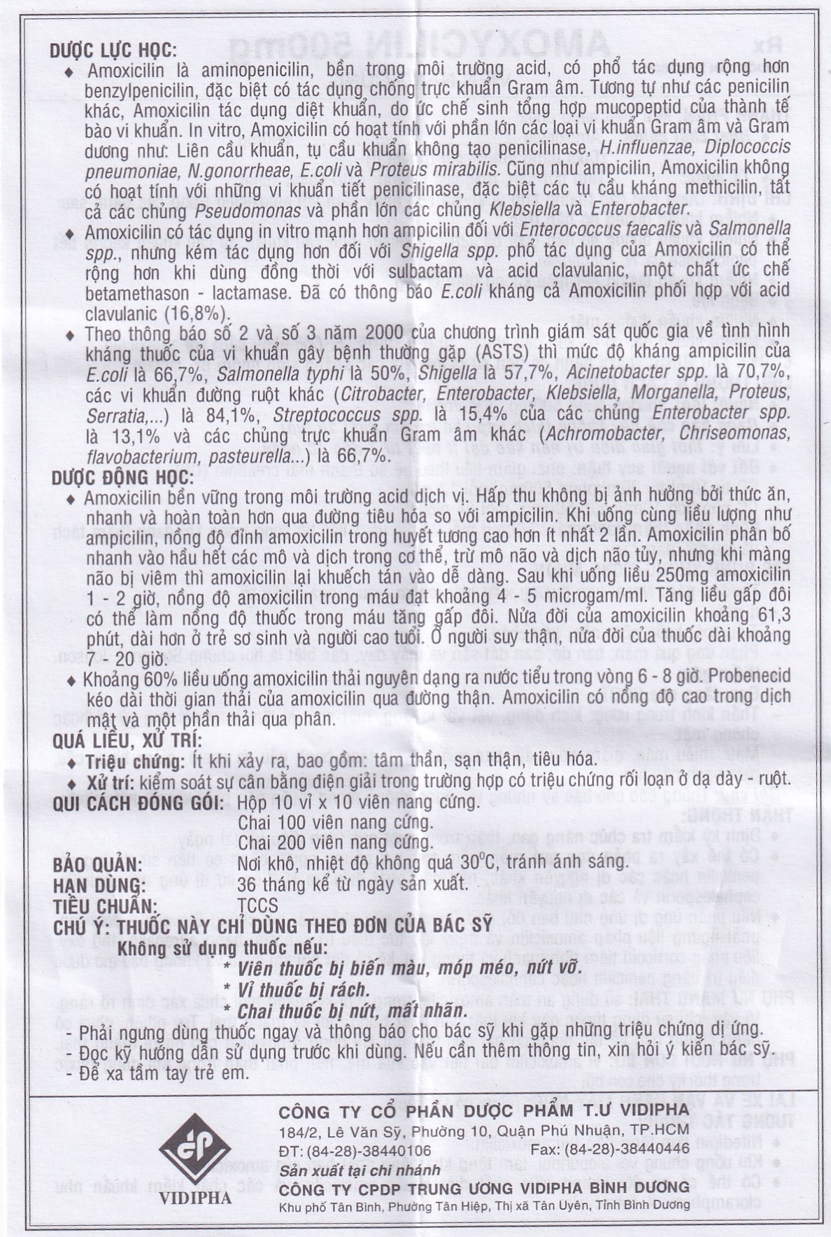 Hình ảnh Thuốc Amoxycilin 500mg Vidipha điều trị nhiễm khuẩn (10 vỉ x 10 viên)