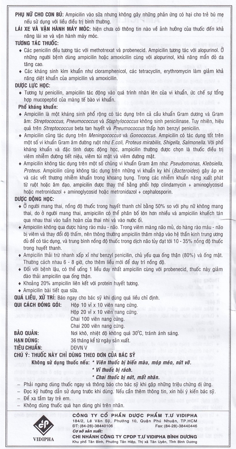 Hình ảnh Thuốc Ampicilin 500mg Vidipha điều trị nhiễm khuẩn (10 vỉ x 10 viên)
