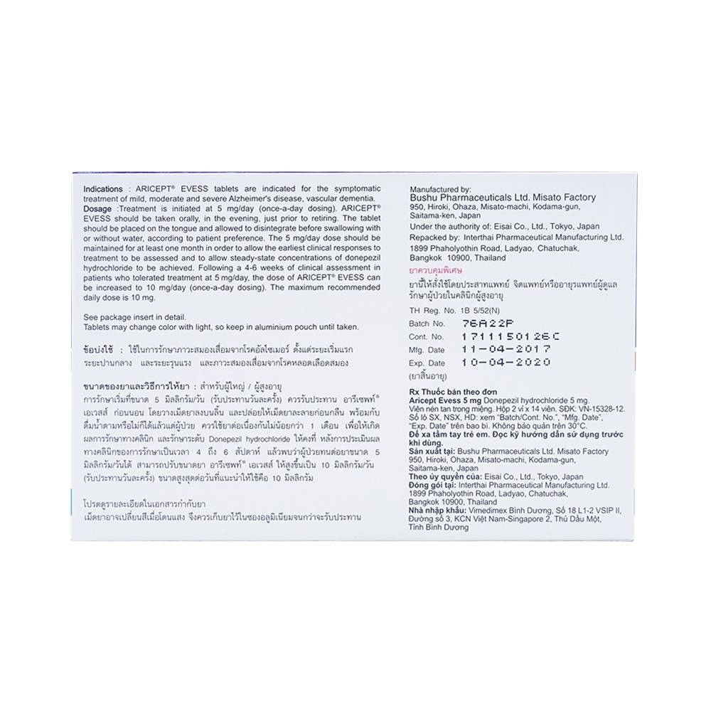 Hình ảnh Thuốc Aricept Evess 5mg Eisai điều trị triệu chứng bệnh azheimer (2 vỉ x 14 viên)