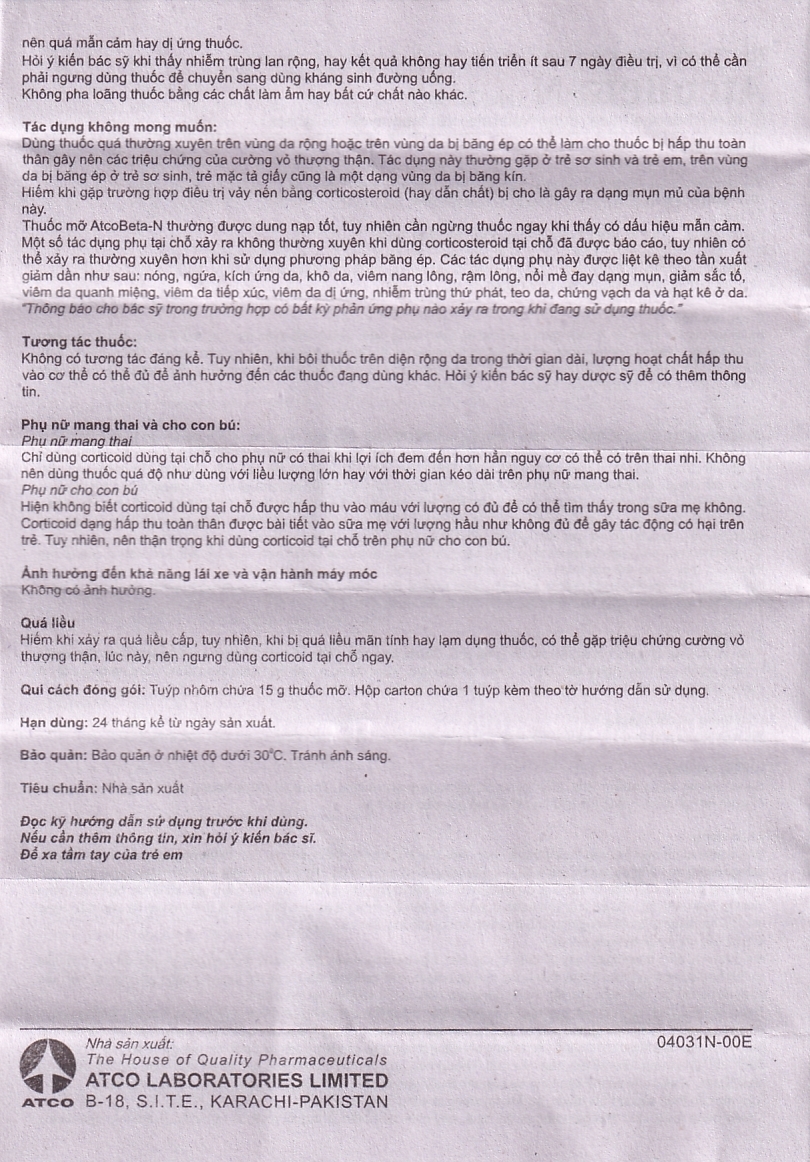 Hình ảnh Thuốc mỡ Atcobeta-N 0,1% Atco điều trị viêm da, chàm dị ứng (15g)