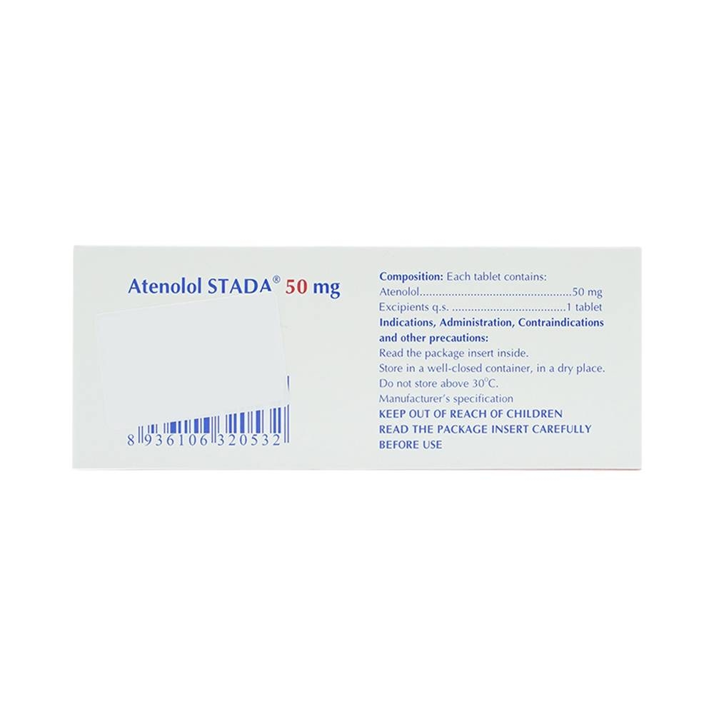 Hình ảnh Thuốc Atenolol Stada 50 mg Stada điều trị tăng huyết áp, đau thắt ngực (10 vỉ x 10 viên)