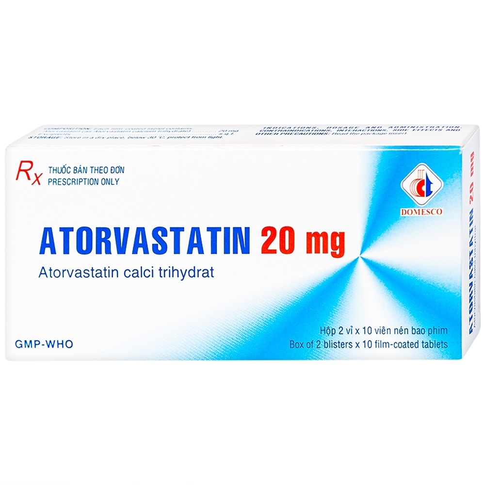 Hình ảnh Thuốc Atorvastatin 20mg Domesco điều trị tăng lipid huyết, phòng ngừa bệnh tim mạch (2 vỉ x 10 viên)