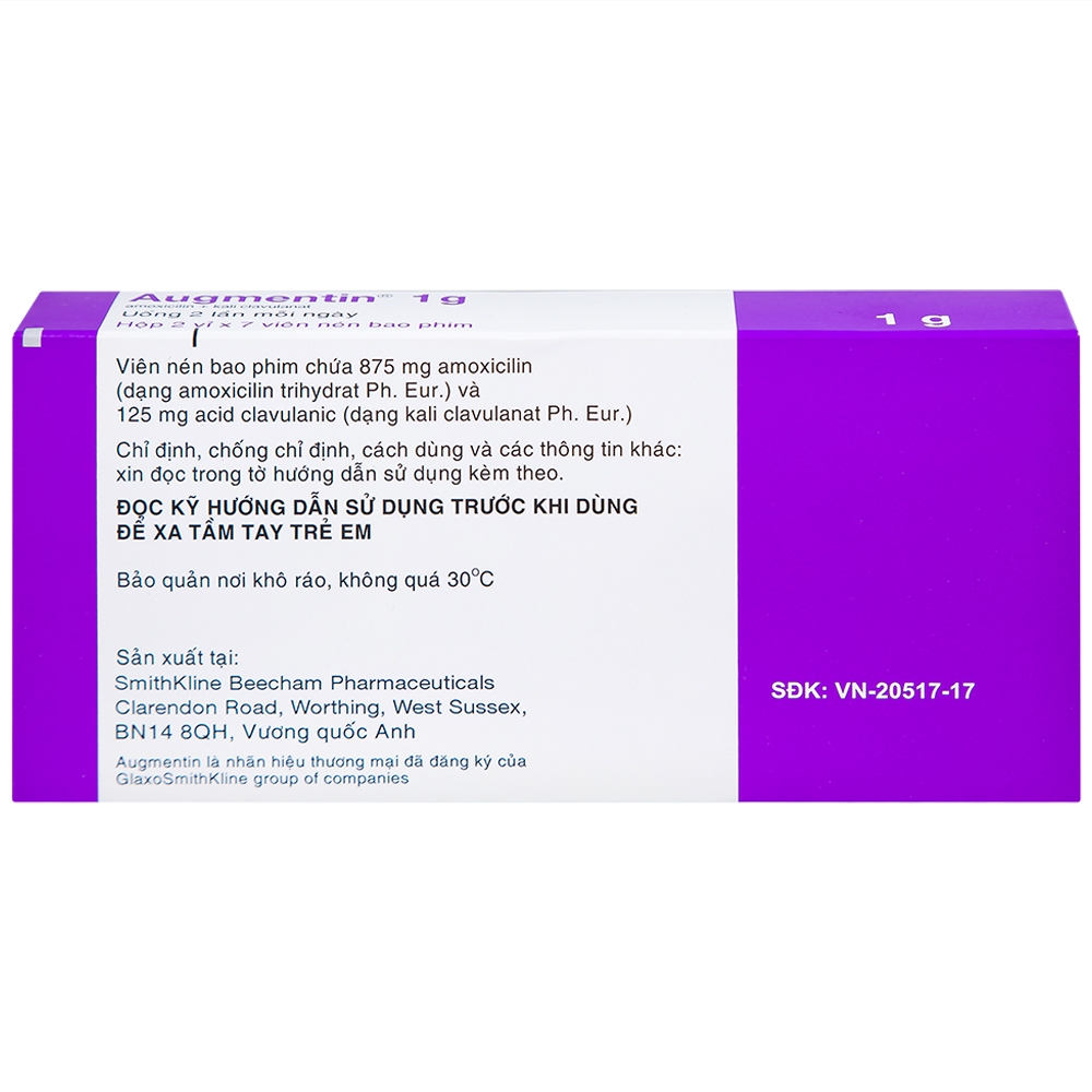 Hình ảnh Thuốc Augmentin 1g GSK điều trị nhiễm khuẩn (2 vỉ x 7 viên)
