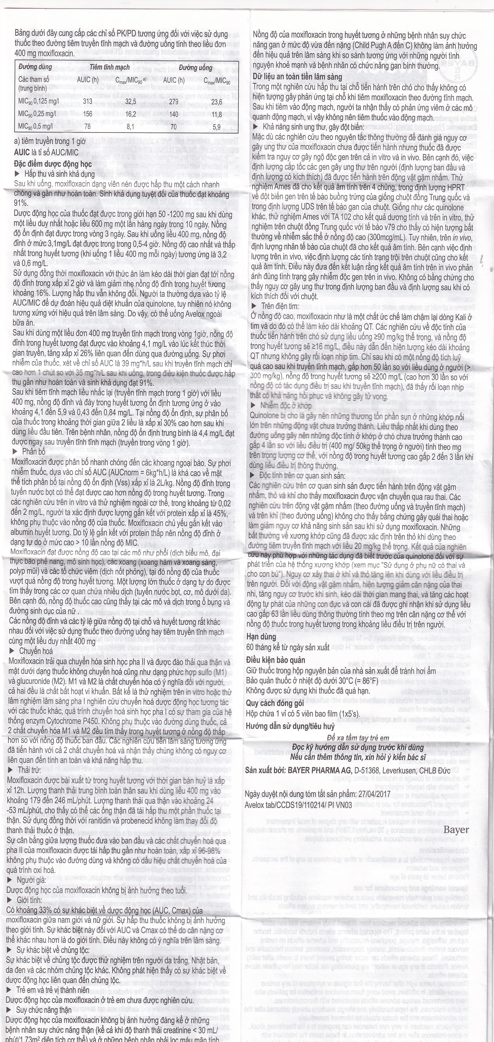 Hình ảnh Thuốc Avelox 400mg Bayer điều trị nhiễm khuẩn (1 vỉ x 5 viên)