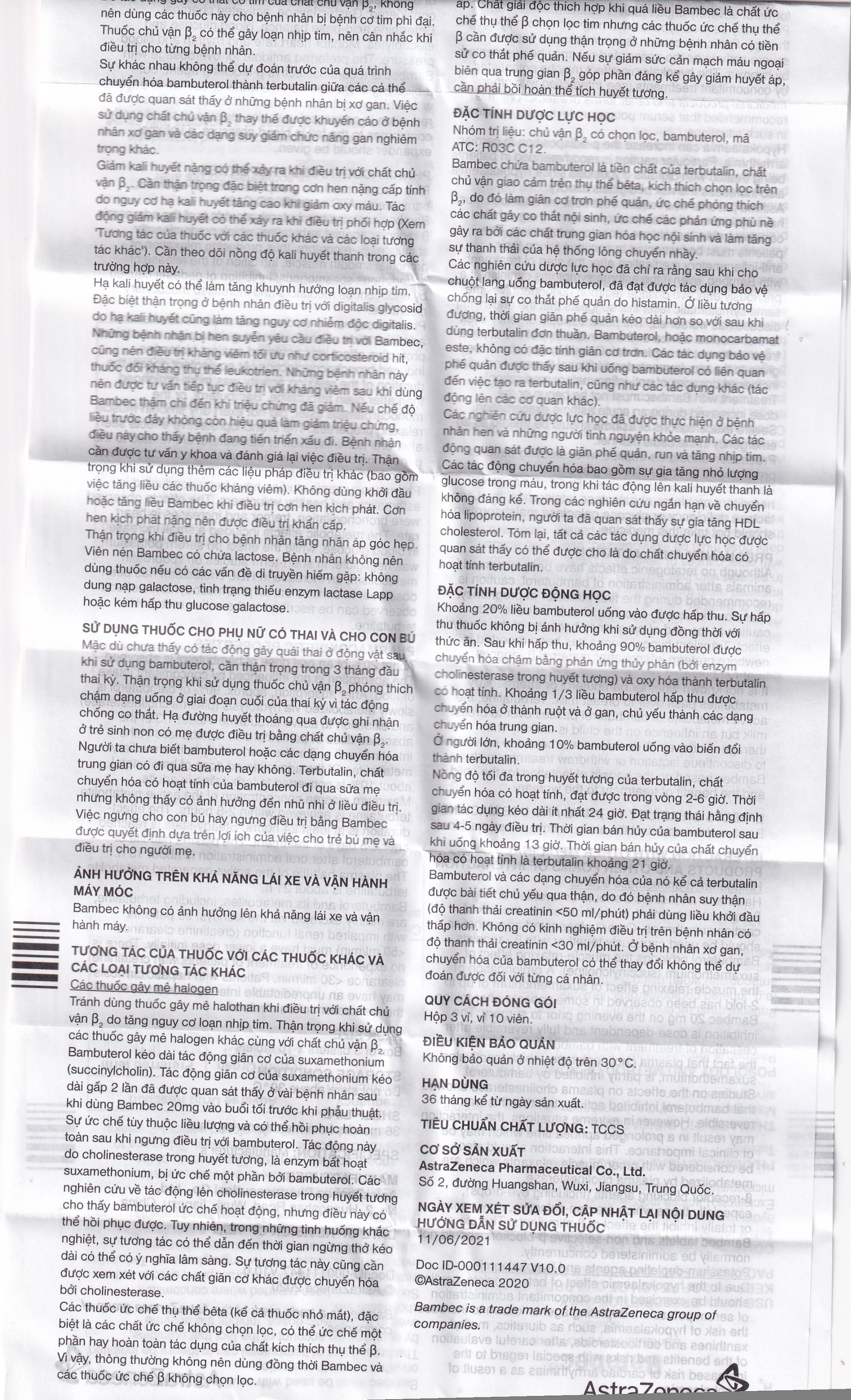 Hình ảnh Thuốc Bambec 10mg AstraZeneca điều trị hen phế quản, co thắt phế quản (3 vỉ x 10 viên)