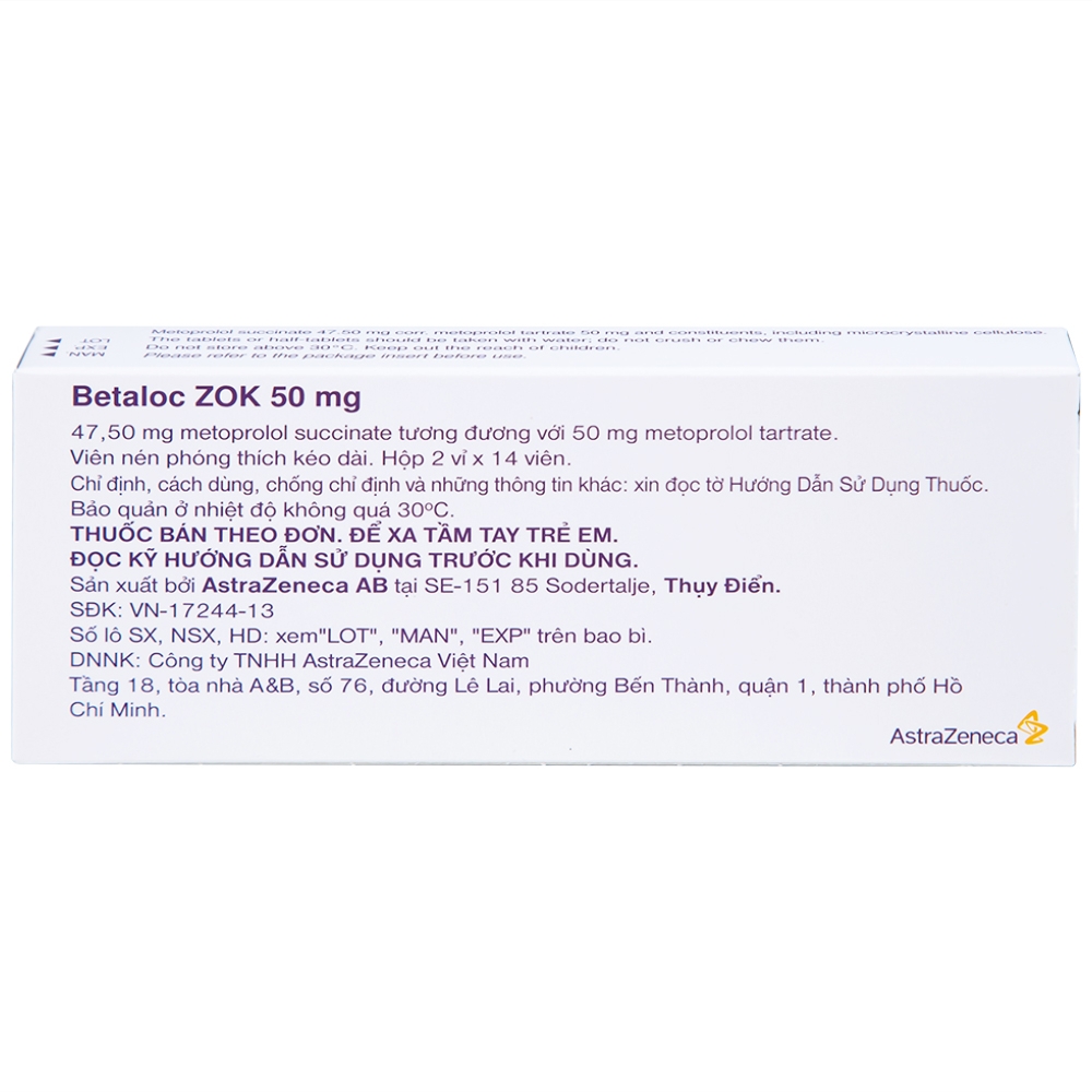 Hình ảnh Thuốc Betaloc Zok 50mg AstraZeneca điều trị tăng huyết áp (2 vỉ x 14 viên)