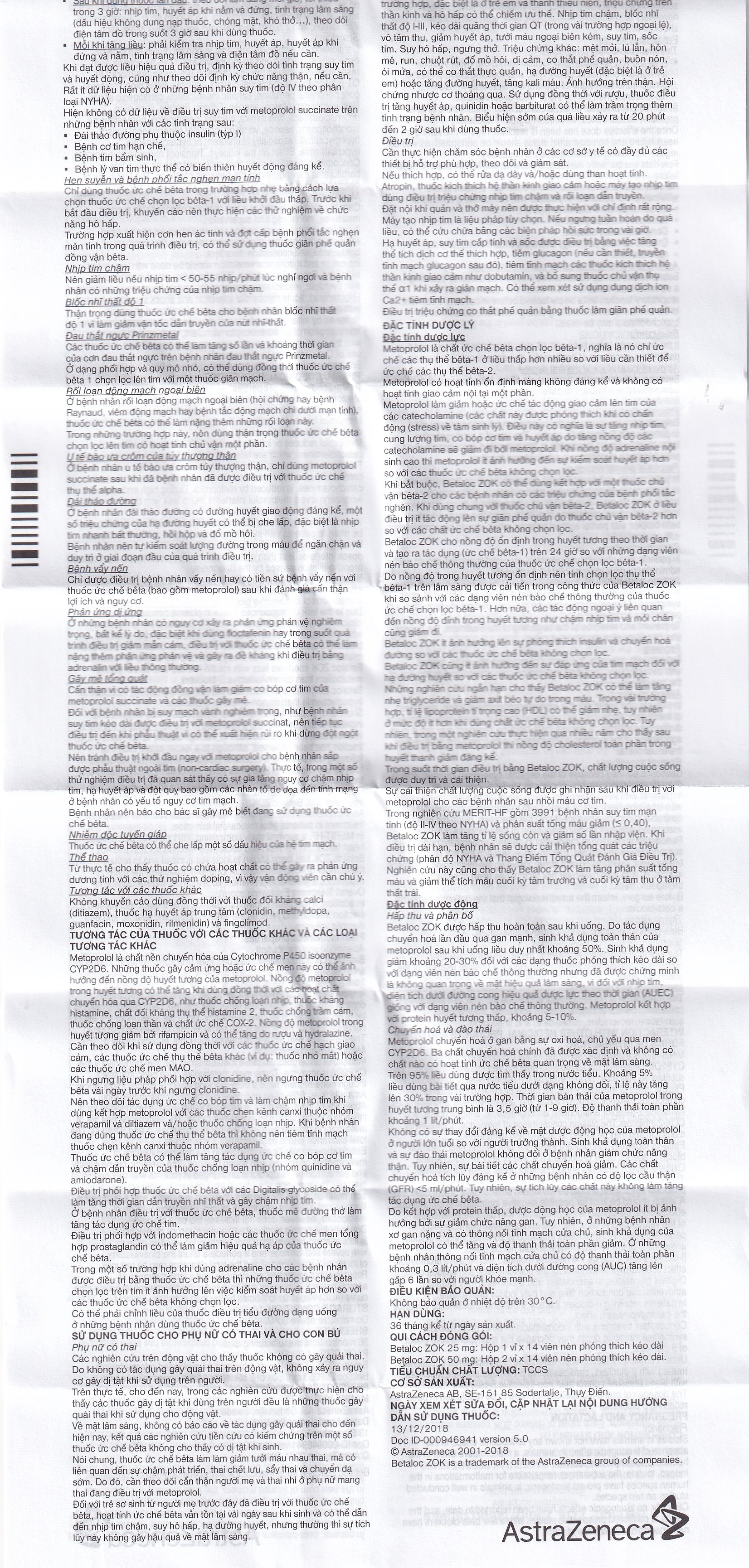 Hình ảnh Thuốc Betaloc Zok 50mg AstraZeneca điều trị tăng huyết áp (2 vỉ x 14 viên)