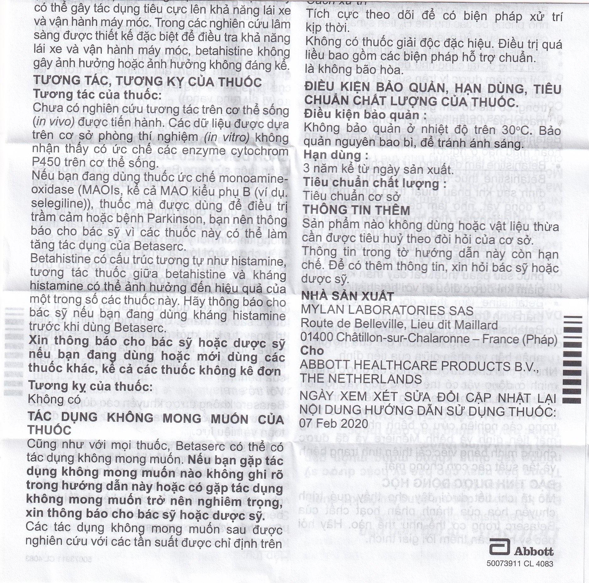 Hình ảnh Thuốc Betaserc 16mg Abbott điều trị rối loạn tiền đình (3 vỉ x 20 viên)