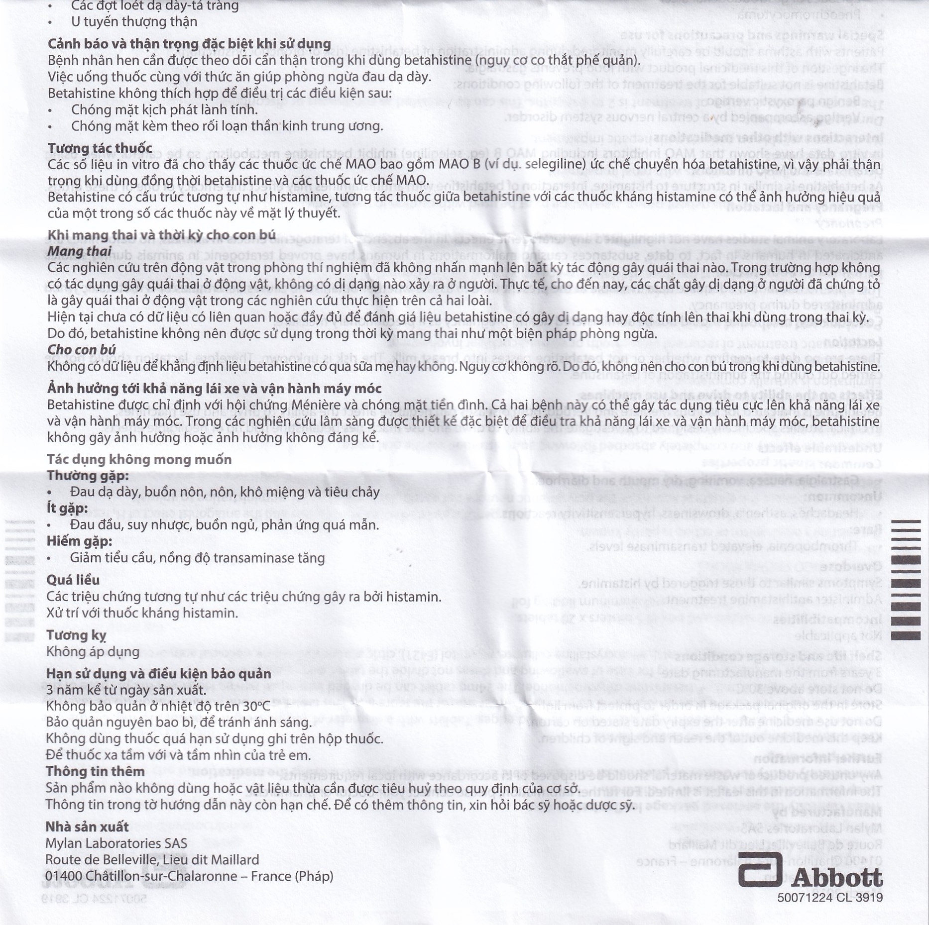 Hình ảnh Thuốc Betaserc 24mg Abbott điều trị hội chứng Meniere (5 vỉ x 10 viên)