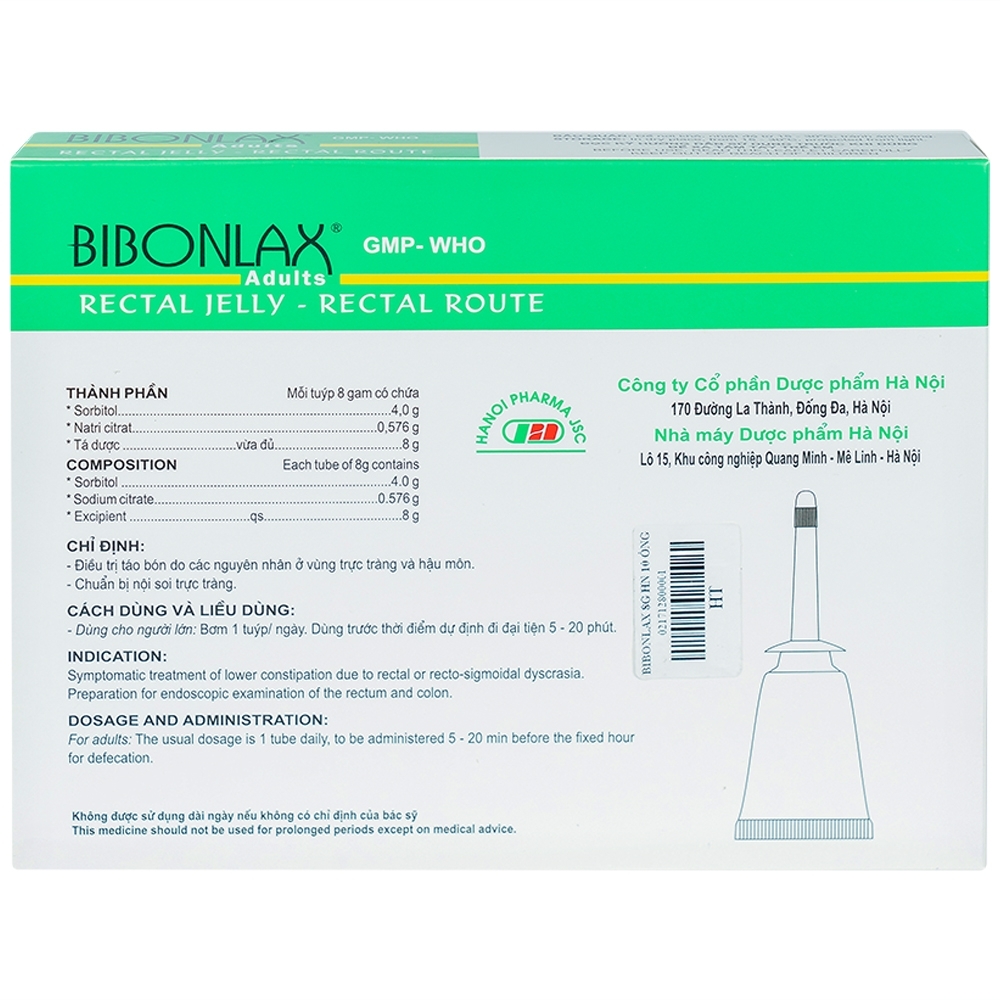 Hình ảnh Gel dùng đường trực tràng Bibonlax Adults Hanoi Pharma điều trị táo bón (10 ống x 8g)