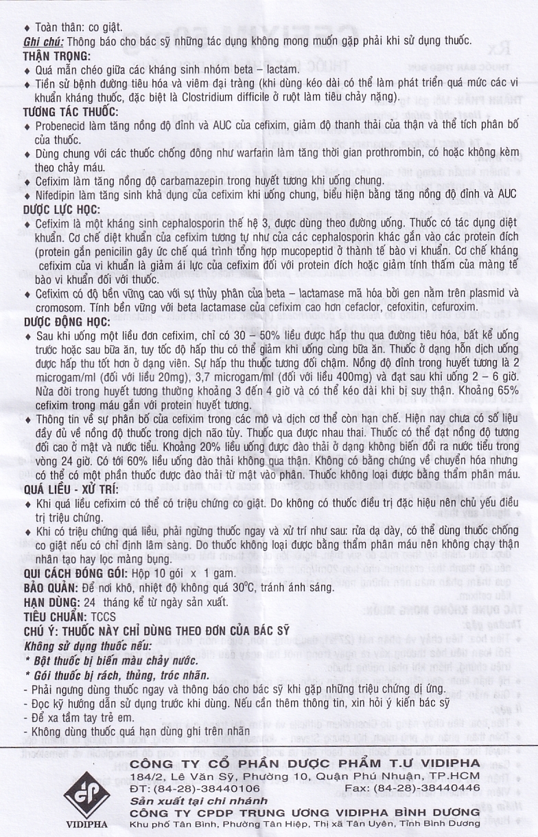 Hình ảnh Bột pha hỗn dịch uống Cefixim 50mg Vidipha điều trị nhiễm khuẩn (10 gói)