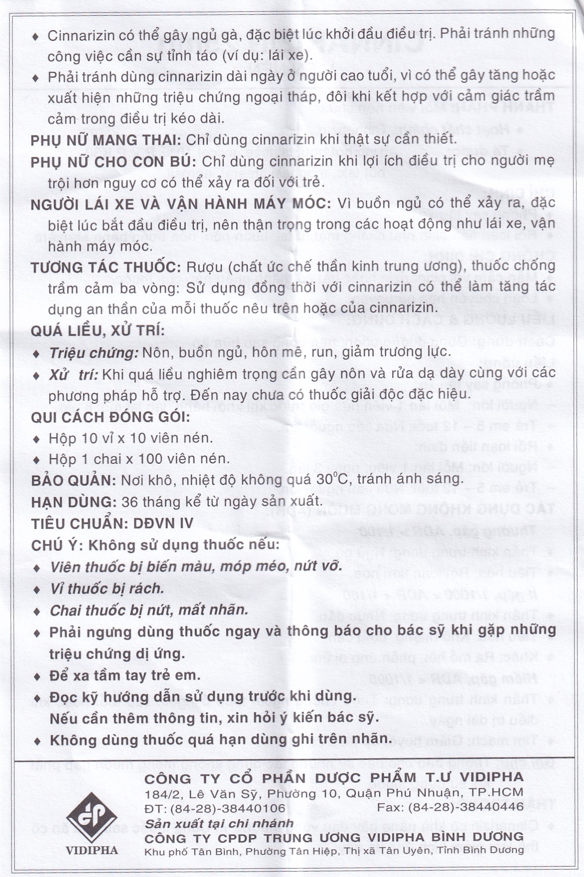 Hình ảnh Thuốc Cinnarizin 25mg Vidipha phòng say tàu xe, rối loạn tiền đình (100 viên)