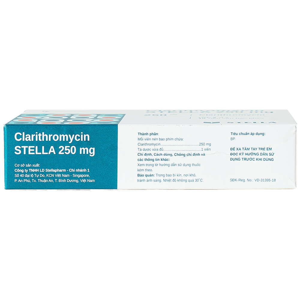 Hình ảnh Thuốc Clarithromycin Stella 250mg điều trị các trường hợp nhiễm trùng (2 vỉ x 10 viên)