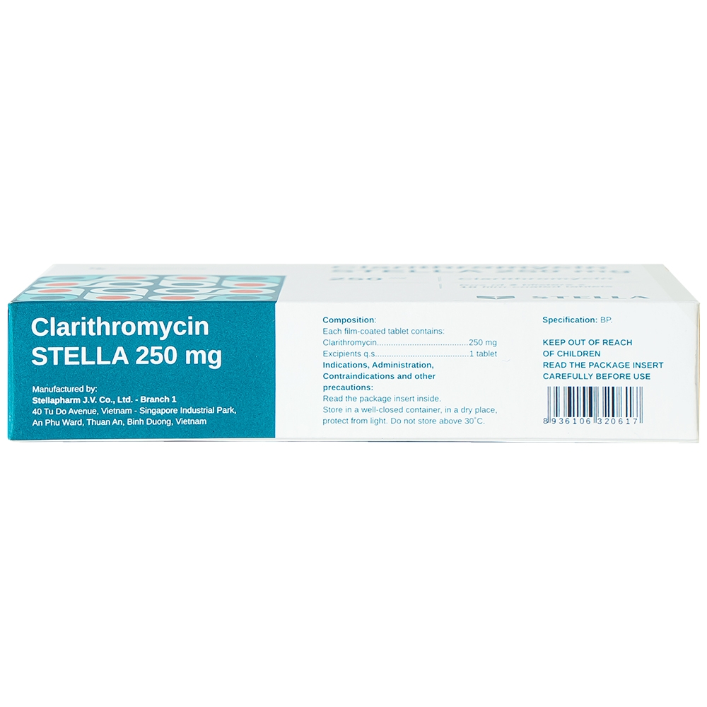 Hình ảnh Thuốc Clarithromycin Stella 250mg điều trị các trường hợp nhiễm trùng (2 vỉ x 10 viên)