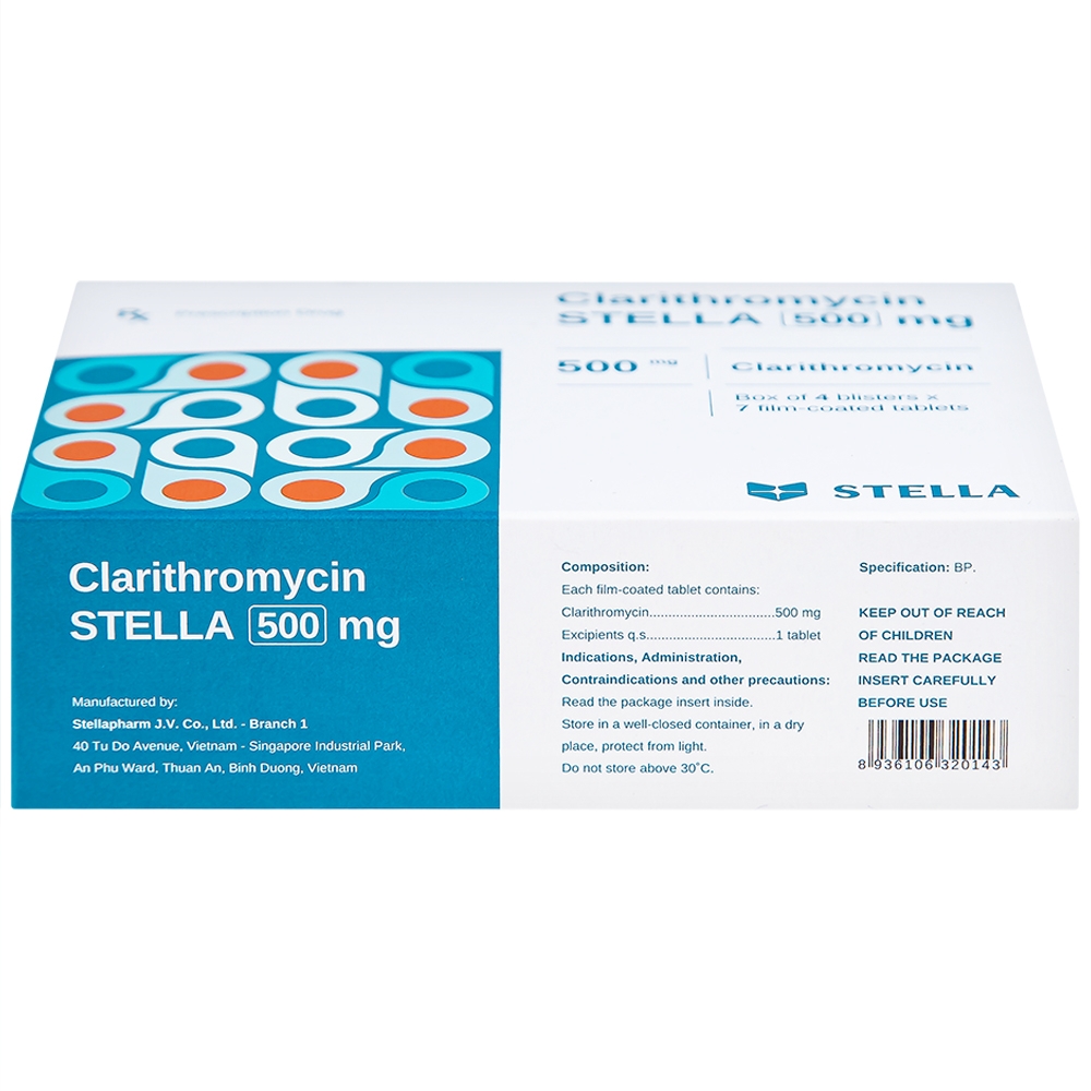 Hình ảnh Thuốc Clarithromycin Stella 500mg điều trị nhiễm trùng (4 vỉ x 7 viên)