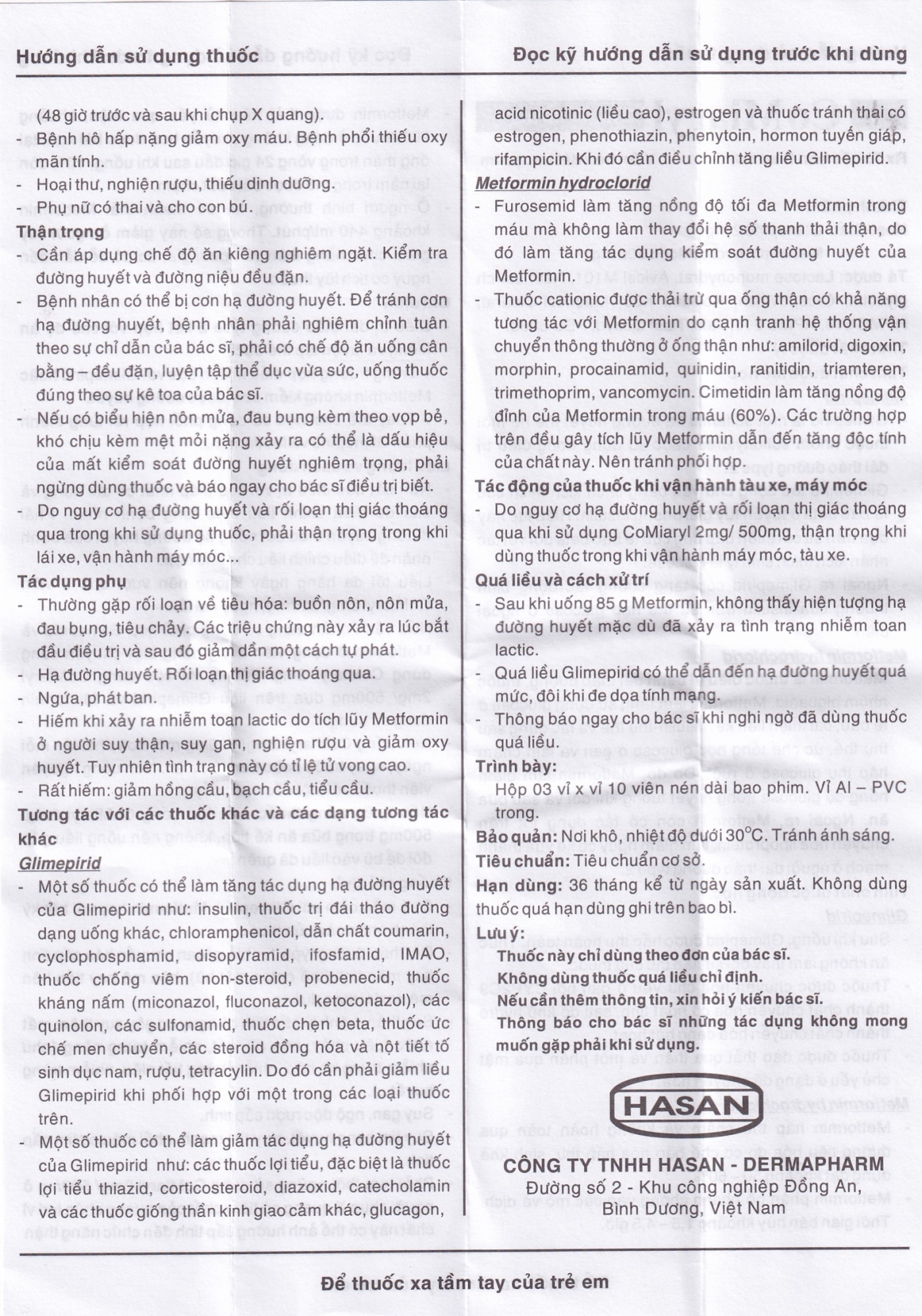 Hình ảnh Thuốc CoMiaryl 2mg/500mg Hasan điều trị đái tháo đường típ 2 (3 vỉ x 10 viên)