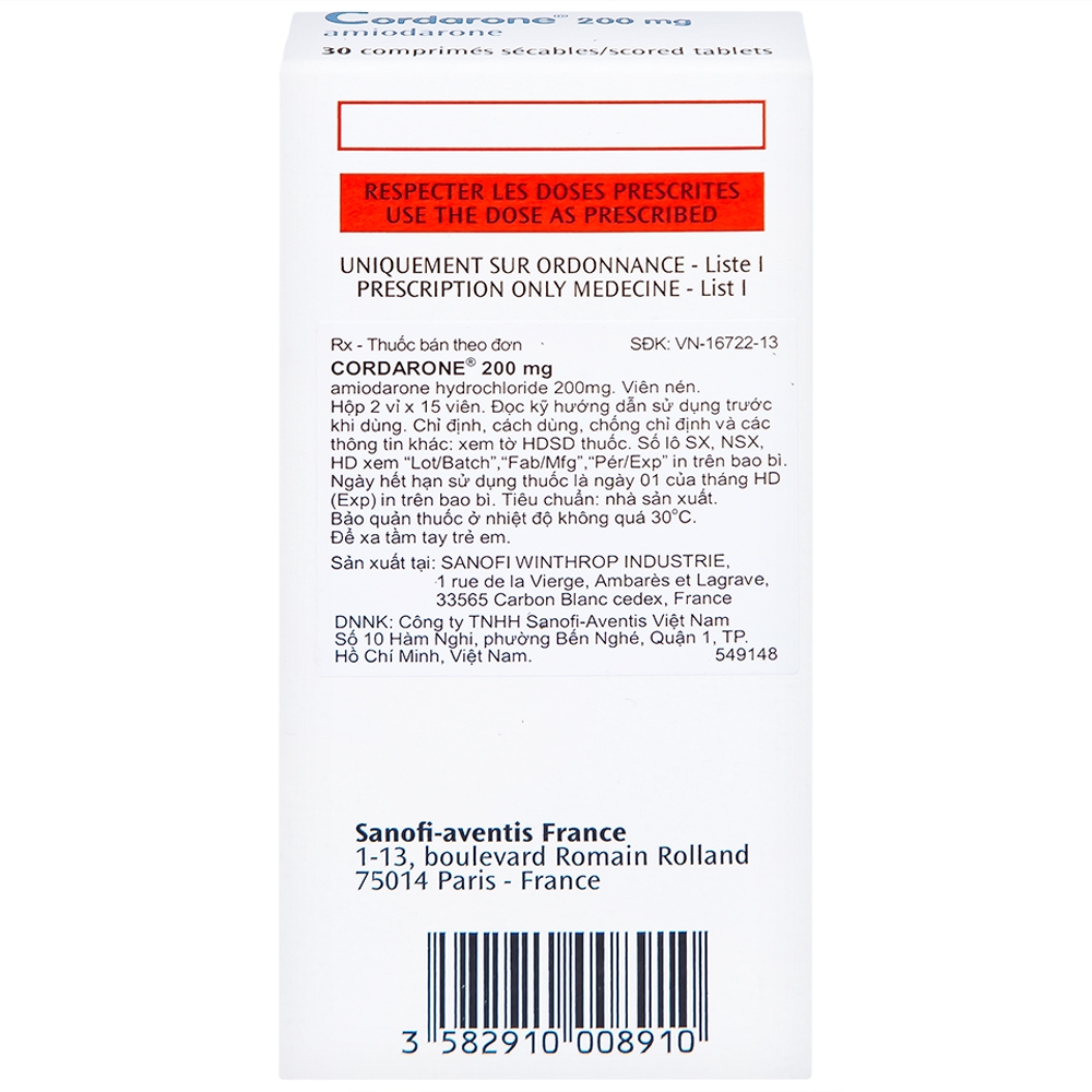 Hình ảnh Thuốc Cordarone 200mg Sanofi phòng ngừa và điều trị một số dạng rối loạn nhịp tim (30 viên)