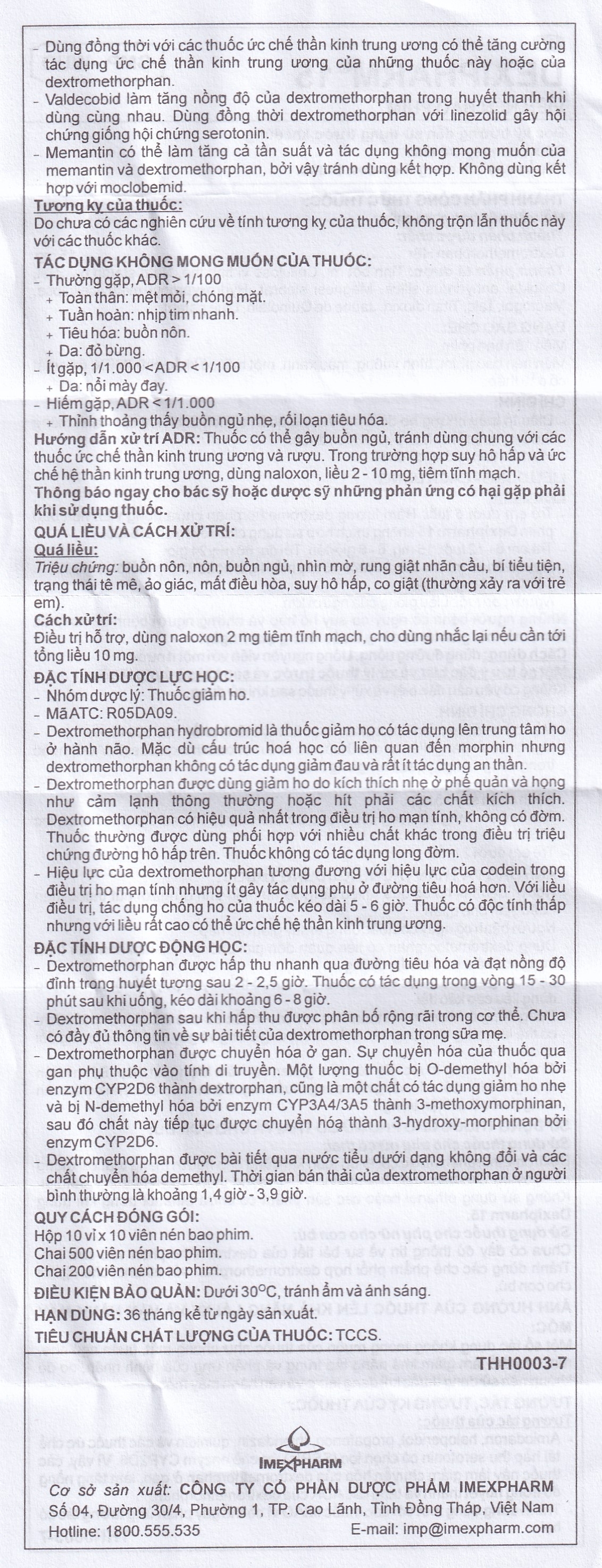 Hình ảnh Thuốc Dexipharm 15mg Imexpharm điều trị triệu chứng ho (10 vỉ x 10 viên)