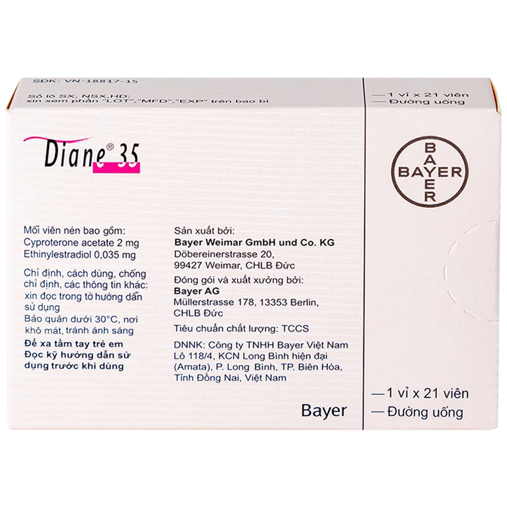 Hình ảnh Thuốc Diane 35 Bayer điều trị mụn trứng cá mức độ vừa đến nặng (1 vỉ x 21 viên)