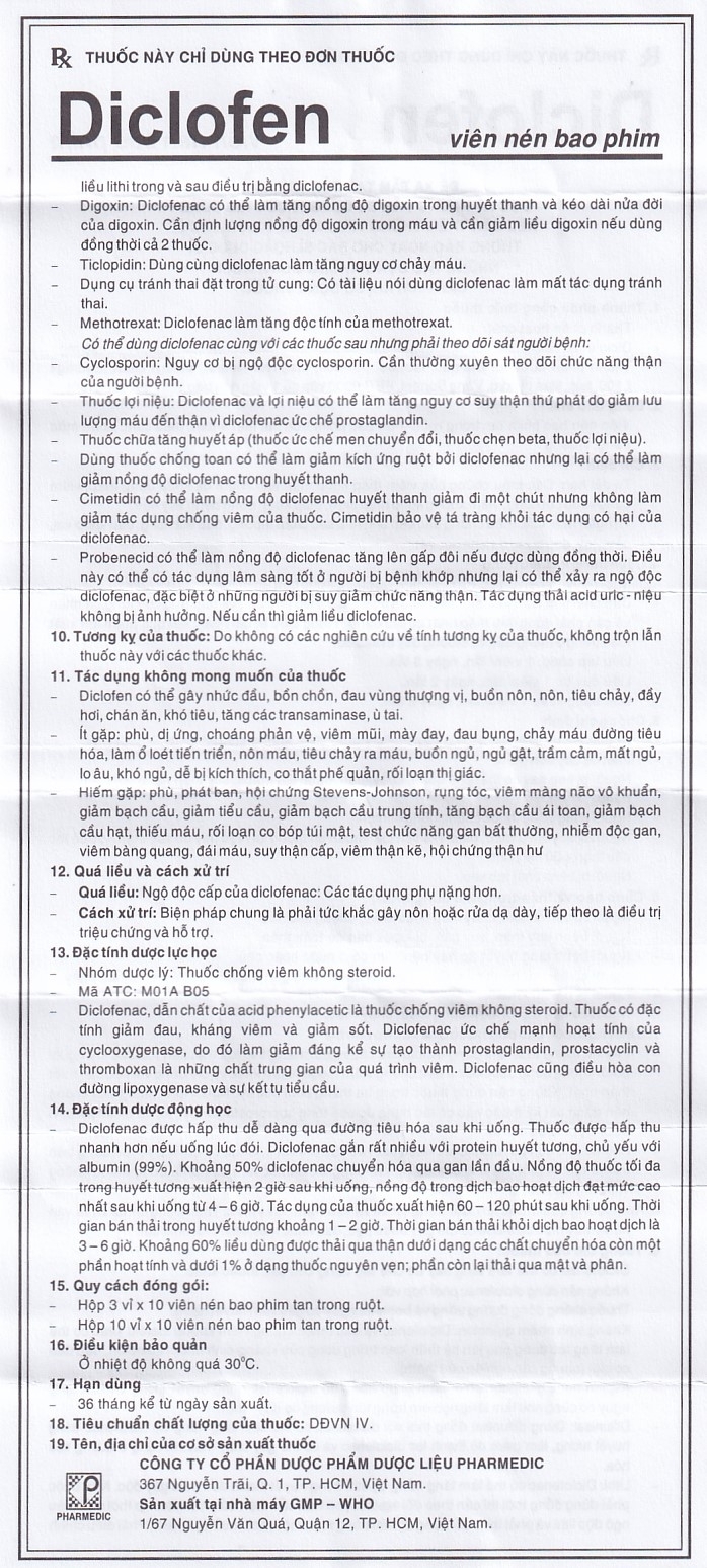 Hình ảnh Thuốc Diclofen Pharmedic điều trị viêm thấp khớp mãn tính (3 vỉ x 10 viên)