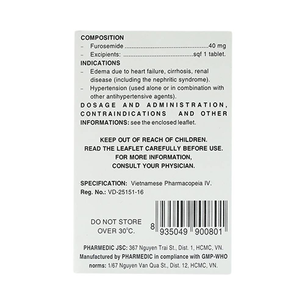 Hình ảnh Thuốc Diurefar 40 Pharmedic điều trị tăng huyết áp, phù do suy tim, xơ gan, bệnh thận (10 vỉ x 12 viên)