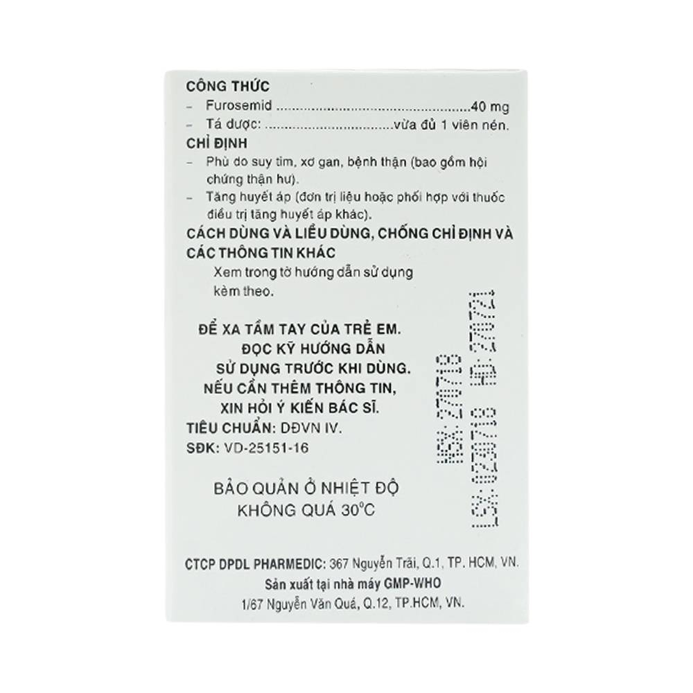 Hình ảnh Thuốc Diurefar 40 Pharmedic điều trị tăng huyết áp, phù do suy tim, xơ gan, bệnh thận (10 vỉ x 12 viên)