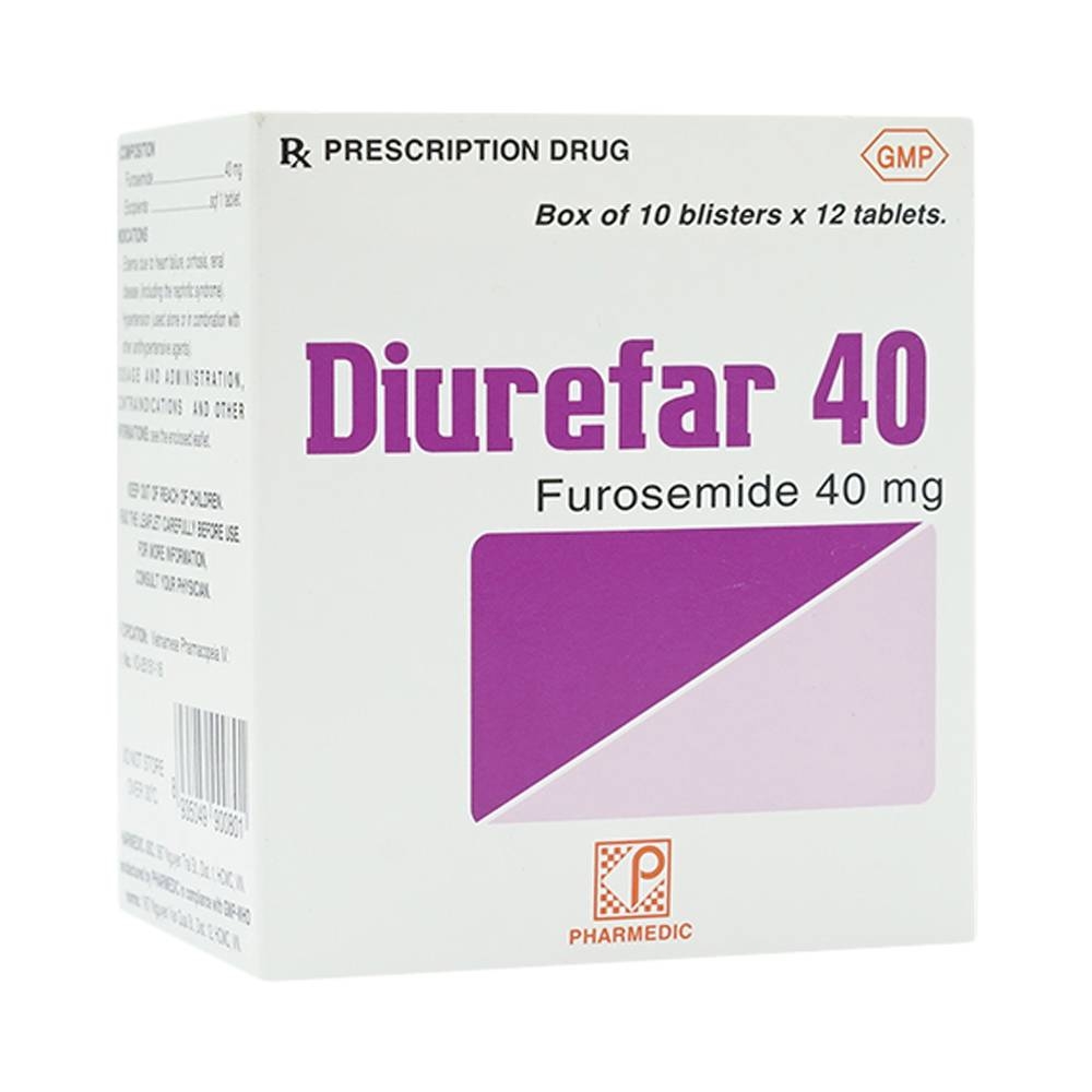 Hình ảnh Thuốc Diurefar 40 Pharmedic điều trị tăng huyết áp, phù do suy tim, xơ gan, bệnh thận (10 vỉ x 12 viên)