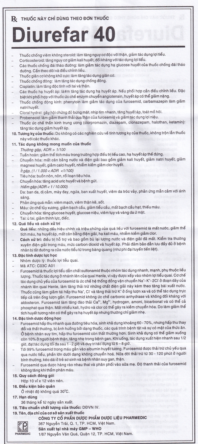 Hình ảnh Thuốc Diurefar 40 Pharmedic điều trị tăng huyết áp, phù do suy tim, xơ gan, bệnh thận (10 vỉ x 12 viên)