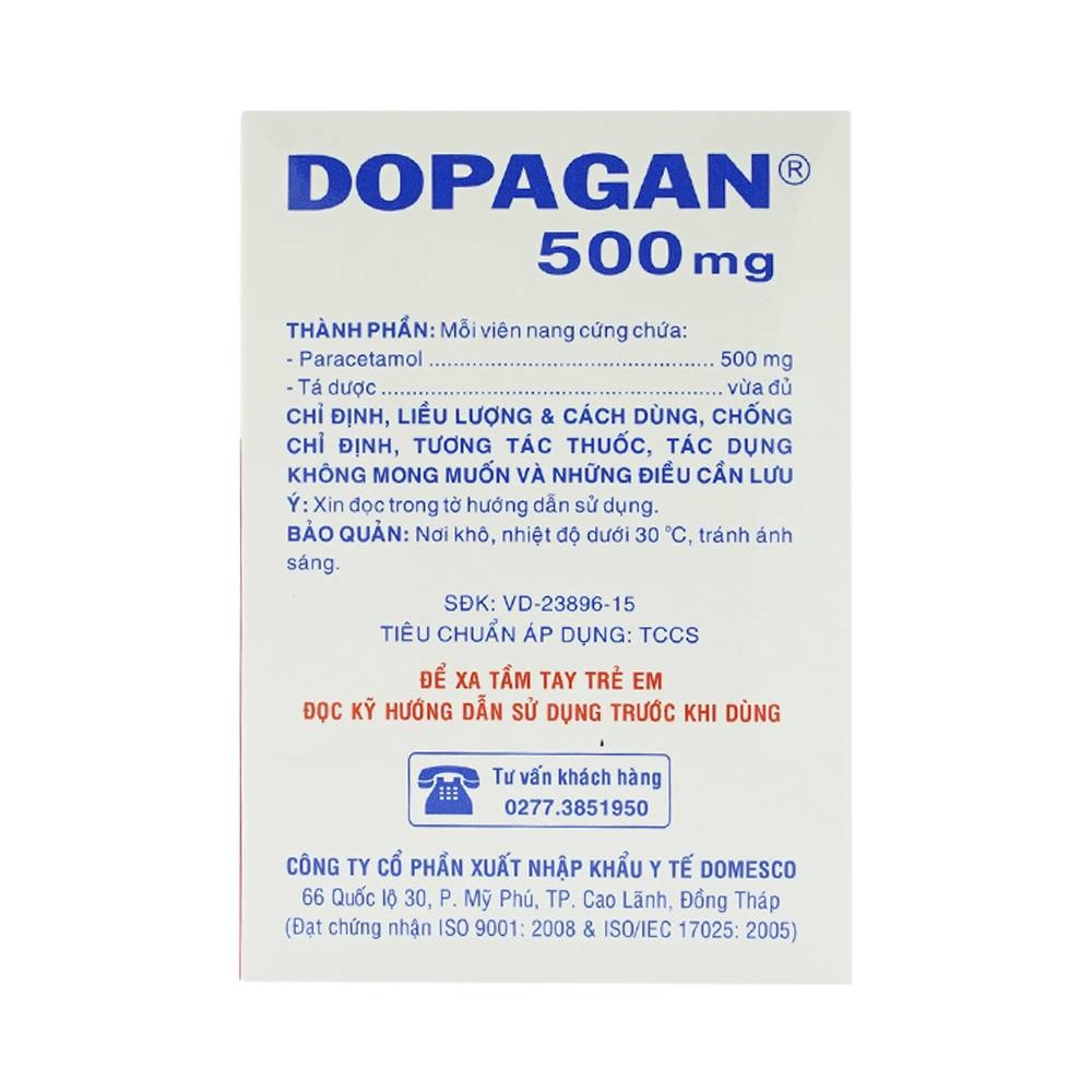 Hình ảnh Thuốc Dopagan 500mg Domesco giảm đau và hạ sốt (20 vỉ x 10 viên)