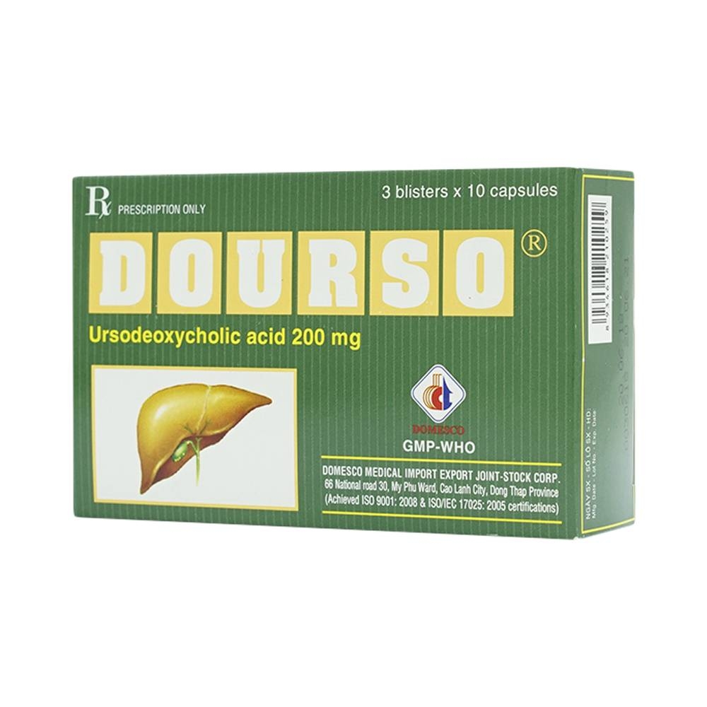 Hình ảnh Thuốc Dourso 200mg Domesco điều trị sỏi túi mật cholesterol (3 vỉ x 10 viên)