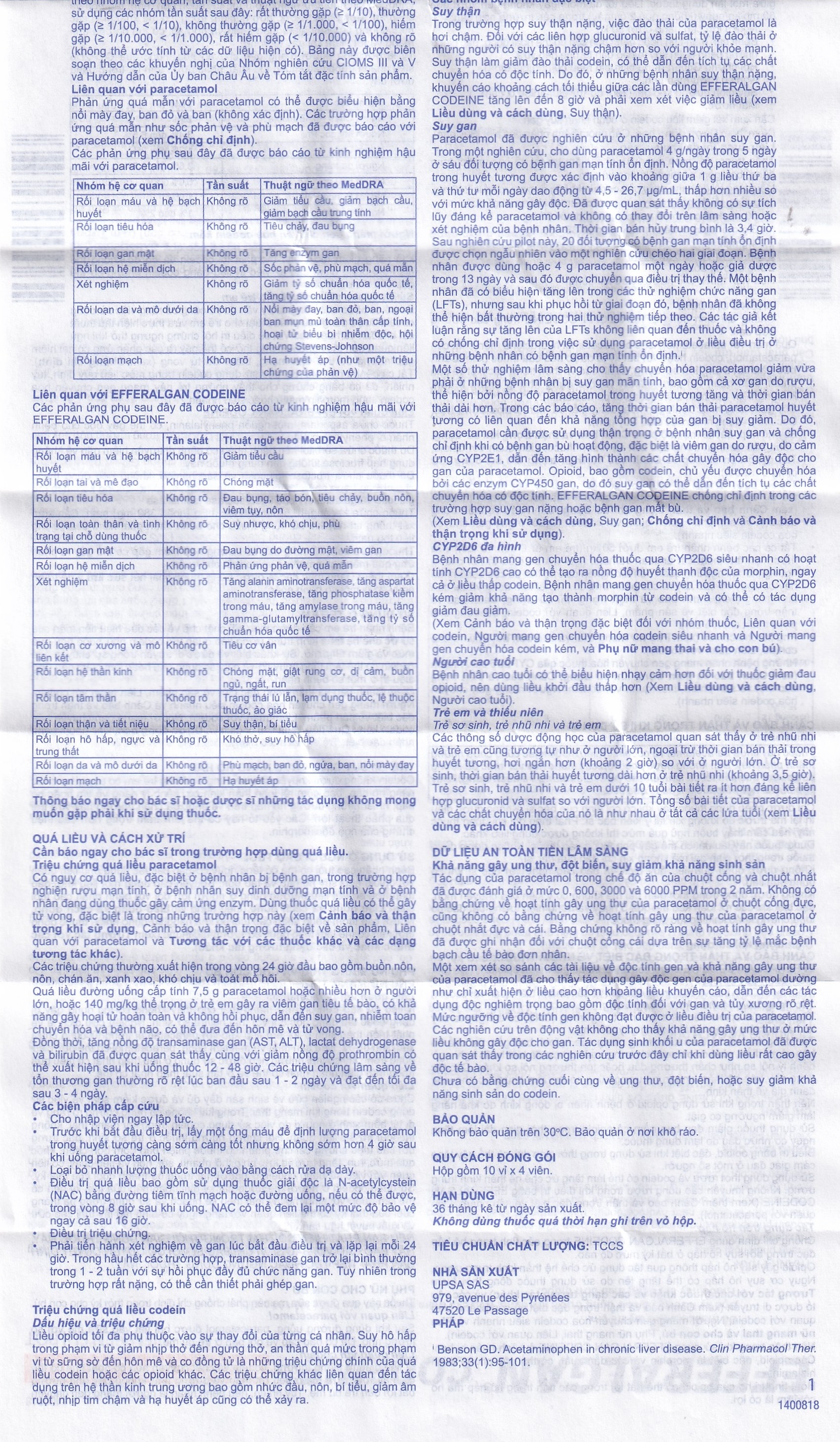 Hình ảnh Viên sủi Efferalgan Codeine giảm đau cấp tính mức độ trung bình (10 vỉ x 4 viên)