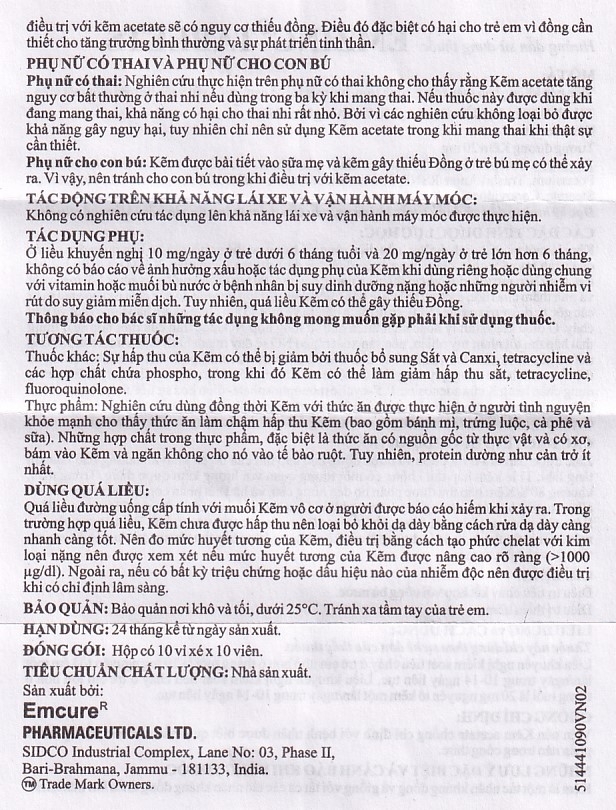 Hình ảnh Thuốc Emzinc Emcure bổ sung kẽm, trị tiêu chảy (10 vỉ x 10 viên)