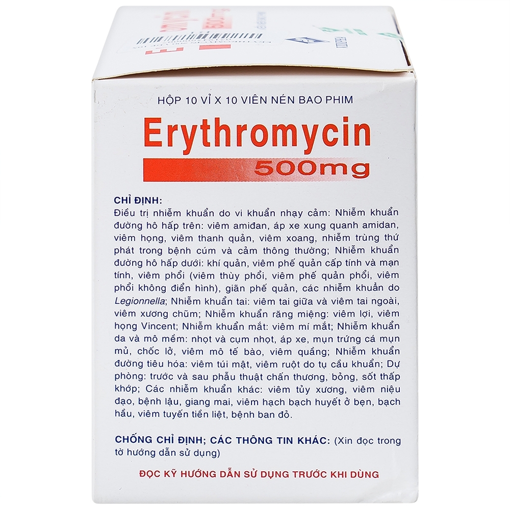 Hình ảnh Thuốc Erythromycin 500mg Vidipha điều trị nhiễm khuẩn (10 vỉ x 10 viên)