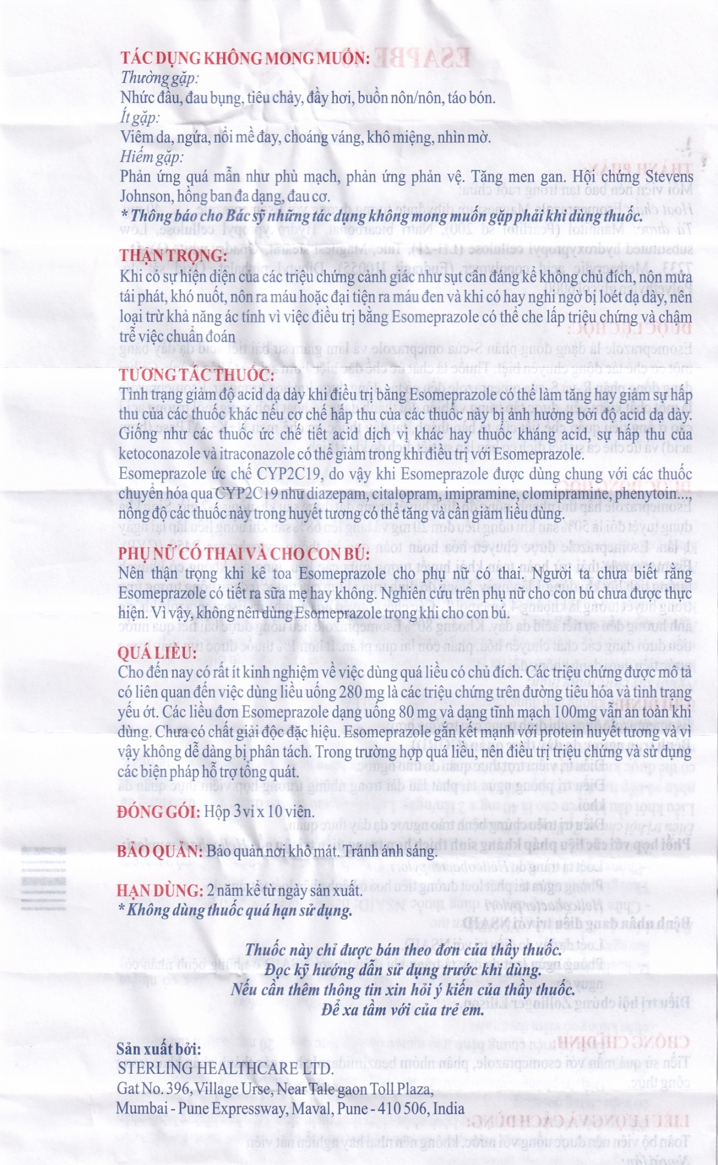 Hình ảnh Thuốc Esapbe 40 Sterling Healthcare điều trị trào ngược dạ dày thực quản (3 vỉ x 10 viên)