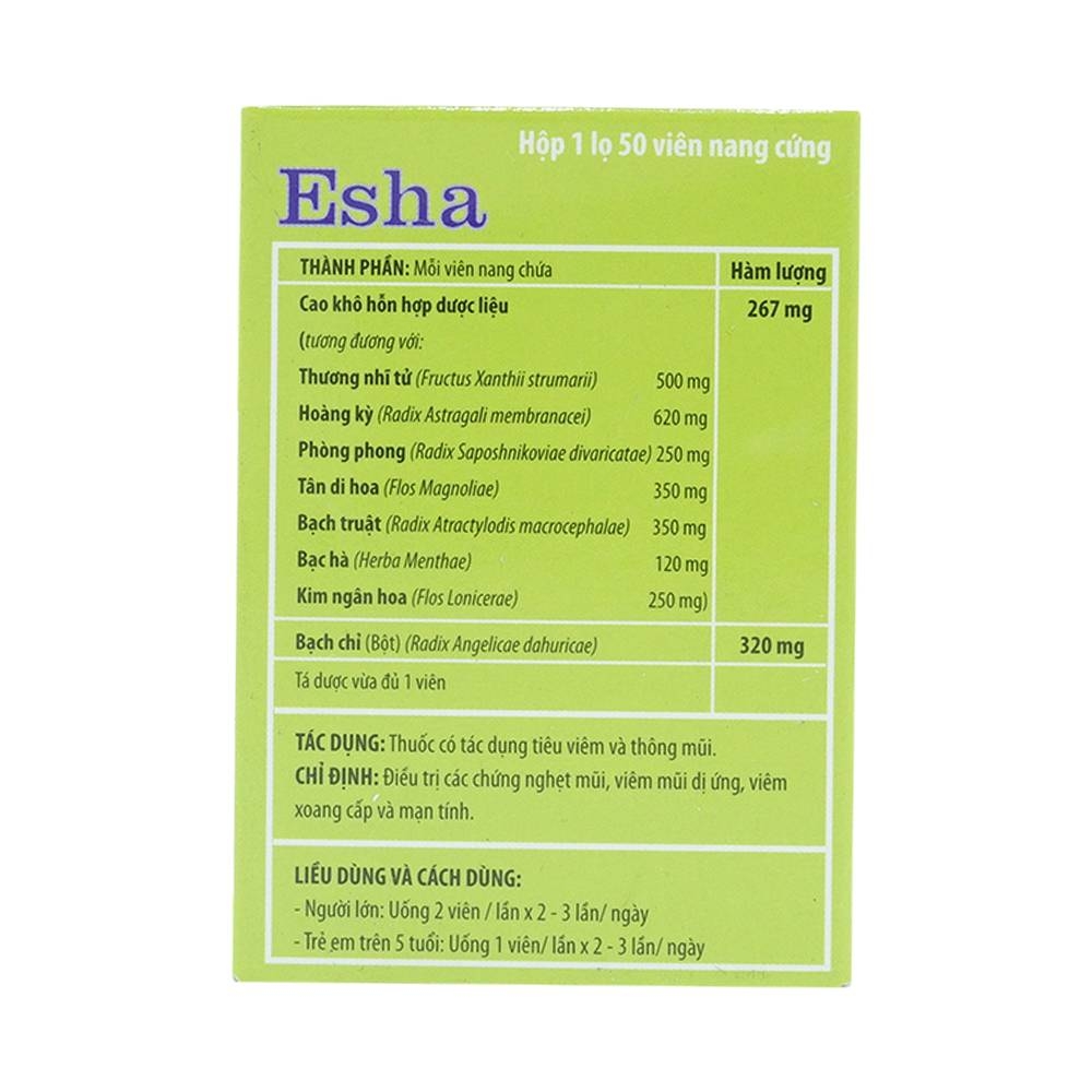 Hình ảnh Thuốc Esha điều trị chứng nghẹt mũi, viêm mũi dị ứng, viêm xoang cấp và mạn tính (50 viên)