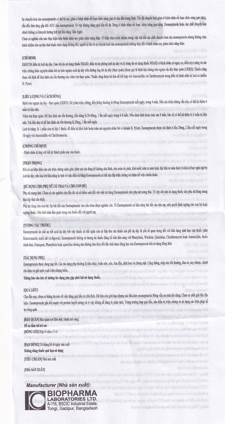 Hình ảnh Thuốc Esocon 20 Biopharm điều trị loét dạ dày do sử dụng thuốc NSAID (5 vỉ x 6 viên)