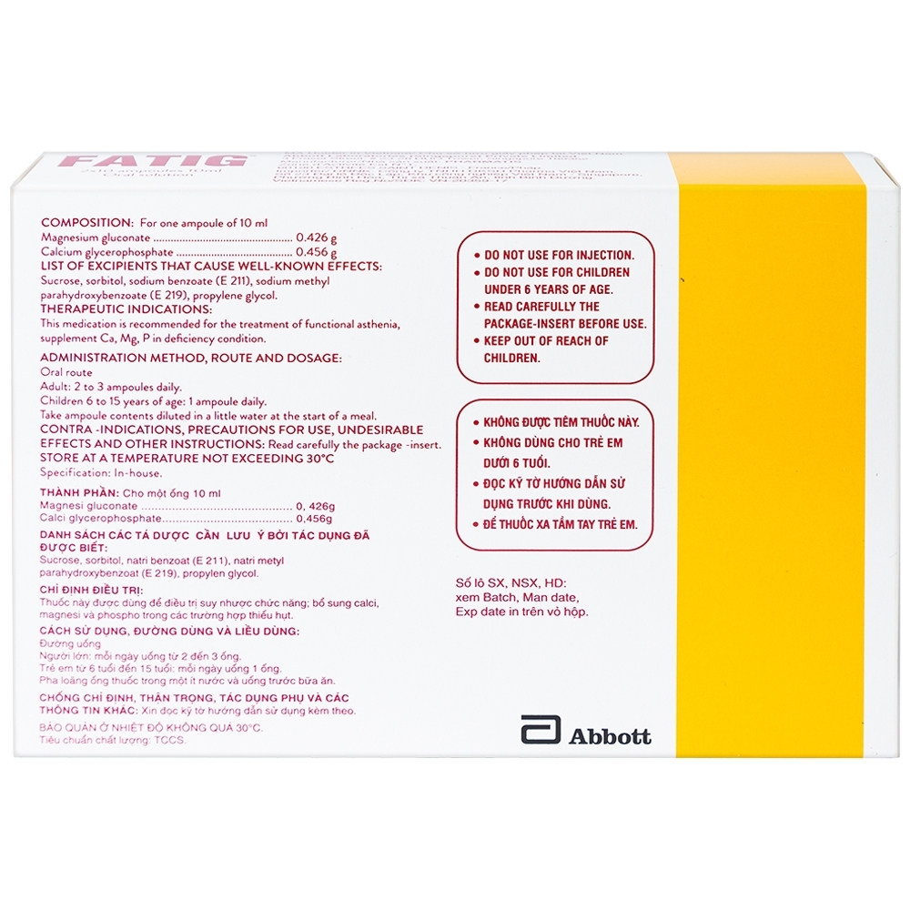 Hình ảnh Dung dịch uống Fatig Abbott hỗ trợ điều trị suy nhược chức năng, bổ sung khoáng chất (2 vỉ x 10 ống)