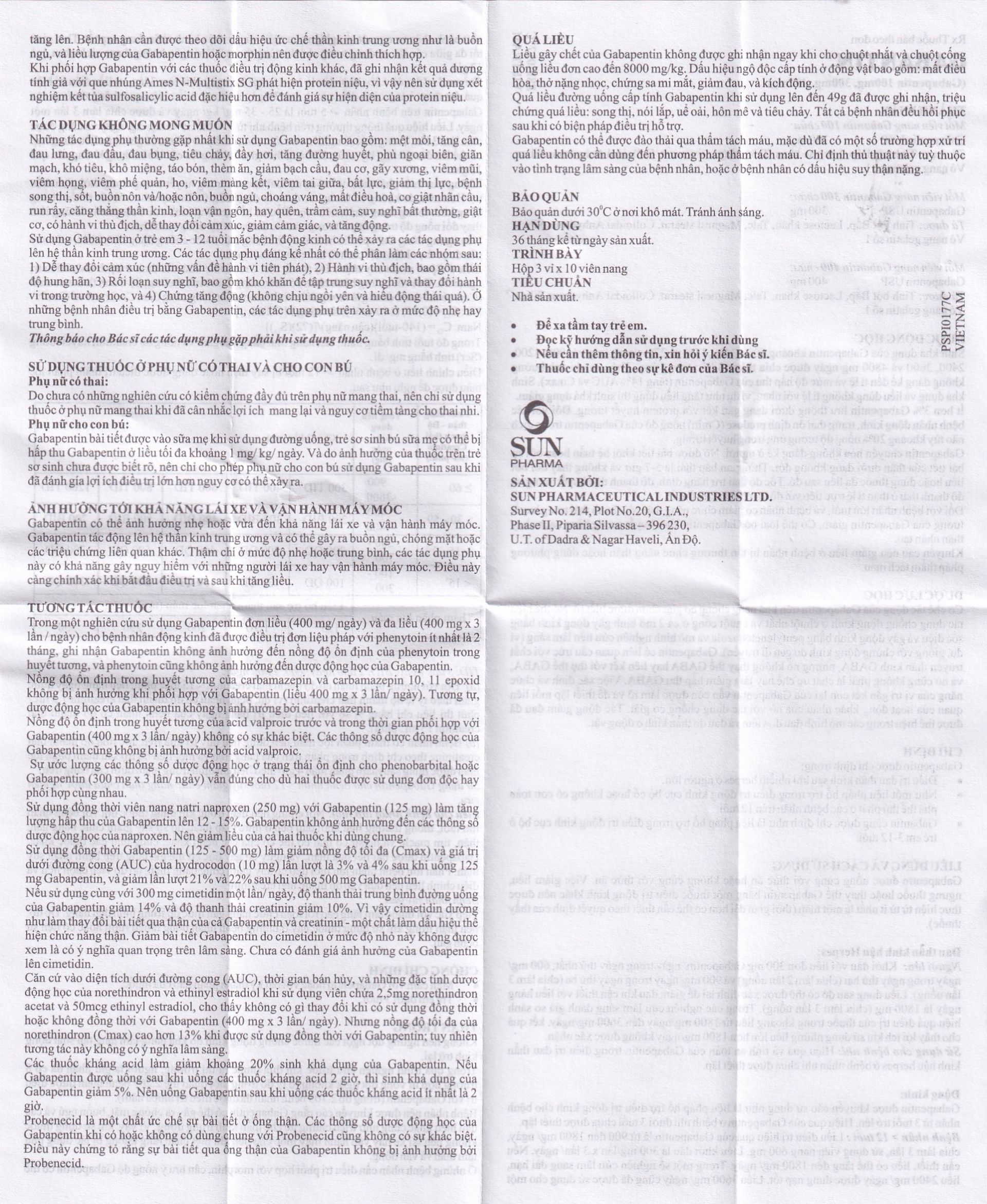 Hình ảnh Thuốc Gabantin 300 Sun Pharma điều trị đau thần kinh sau khi nhiễm herpes (3 vỉ x 10 viên)