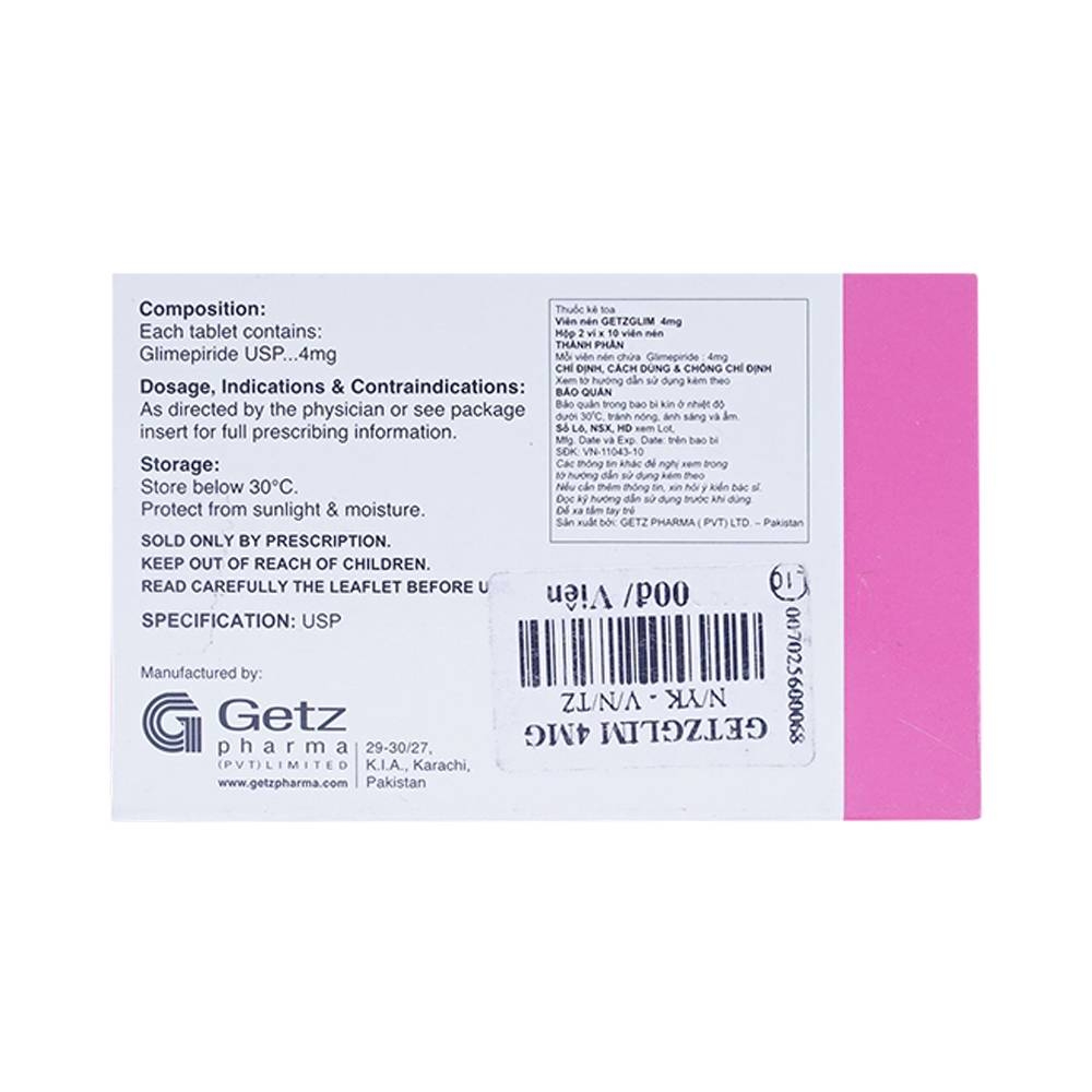 Hình ảnh Thuốc Getzglim 4mg Getz điều trị đái tháo đường típ 2 (2 vỉ x 10 viên)