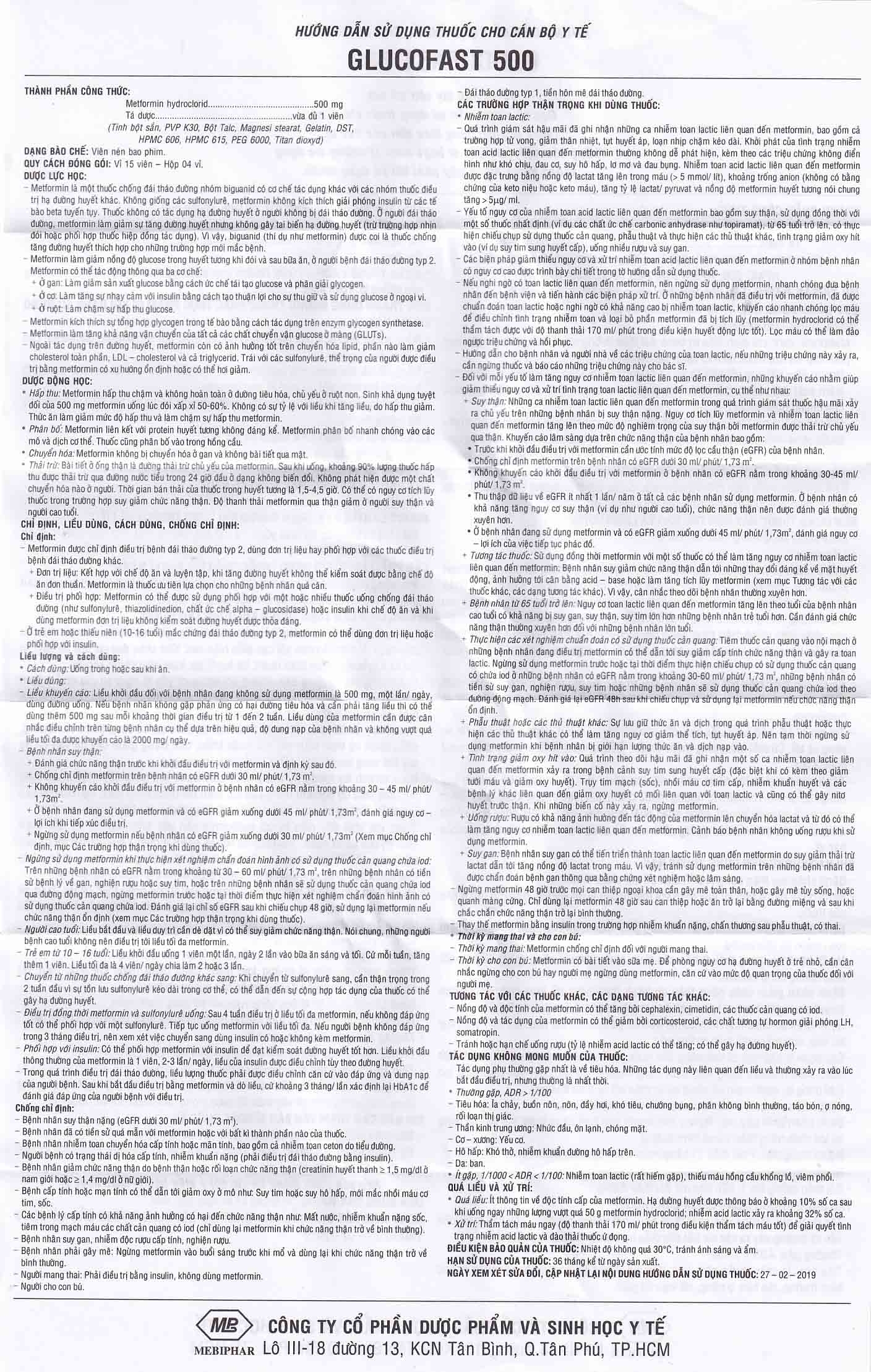 Hình ảnh Thuốc Glucofast 500mg Mebiphar điều trị tiểu đường típ 2 (4 vỉ x 15 viên)